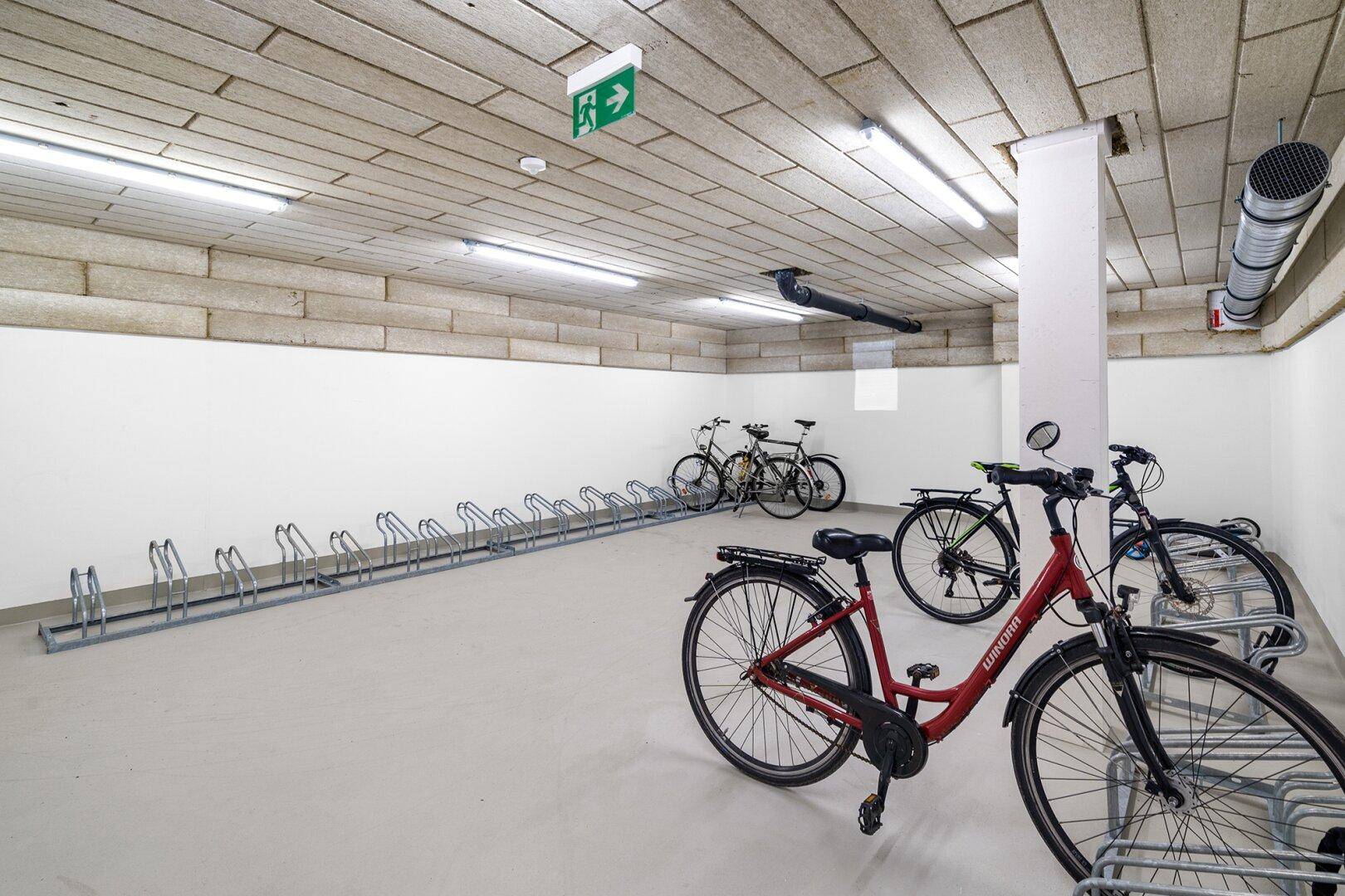 Geräumiger Fahrradraum im Untergeschoss mit zahlreichen Abstellmöglichkeiten für Fahrräder.
