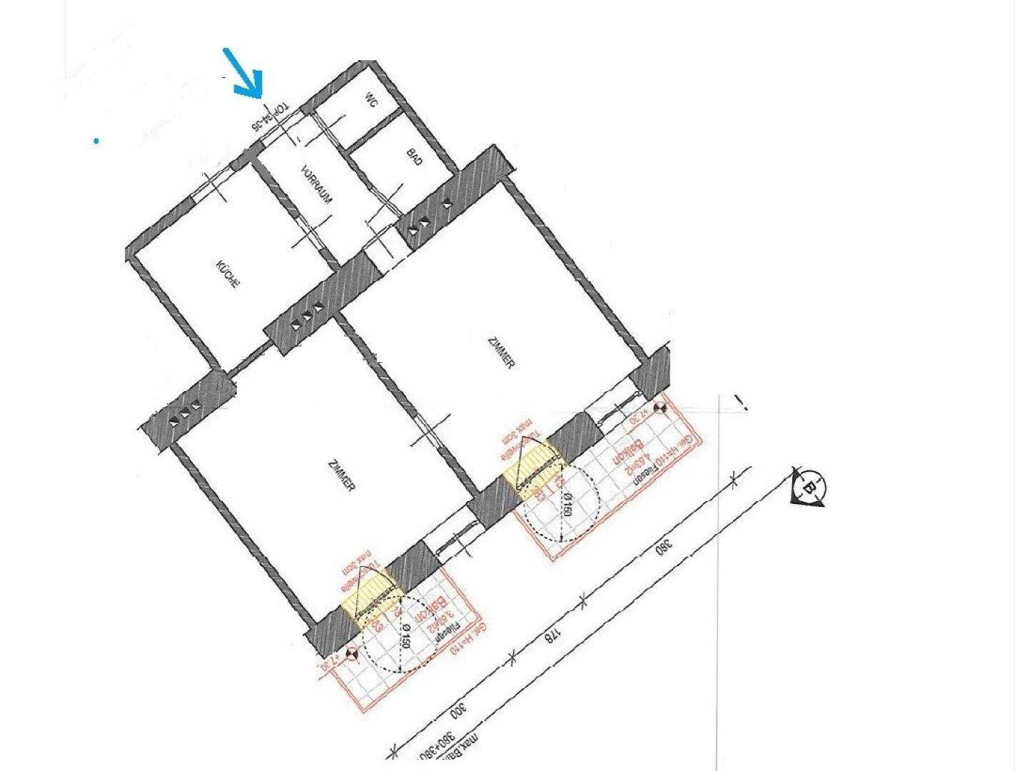 Übersichtlicher Grundriss einer Wohnung mit zwei Zimmern, Küche und Balkonen.