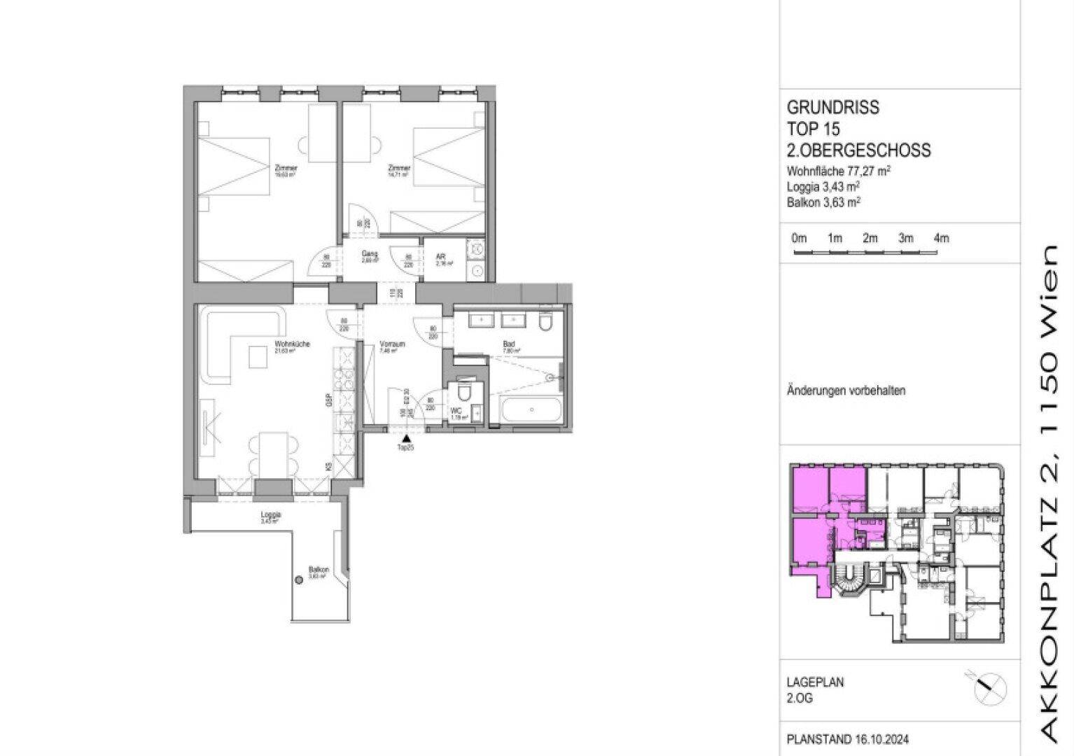 Detaillierter Grundriss der Wohnung Top 15 im zweiten Obergeschoss mit Loggia und Balkon.