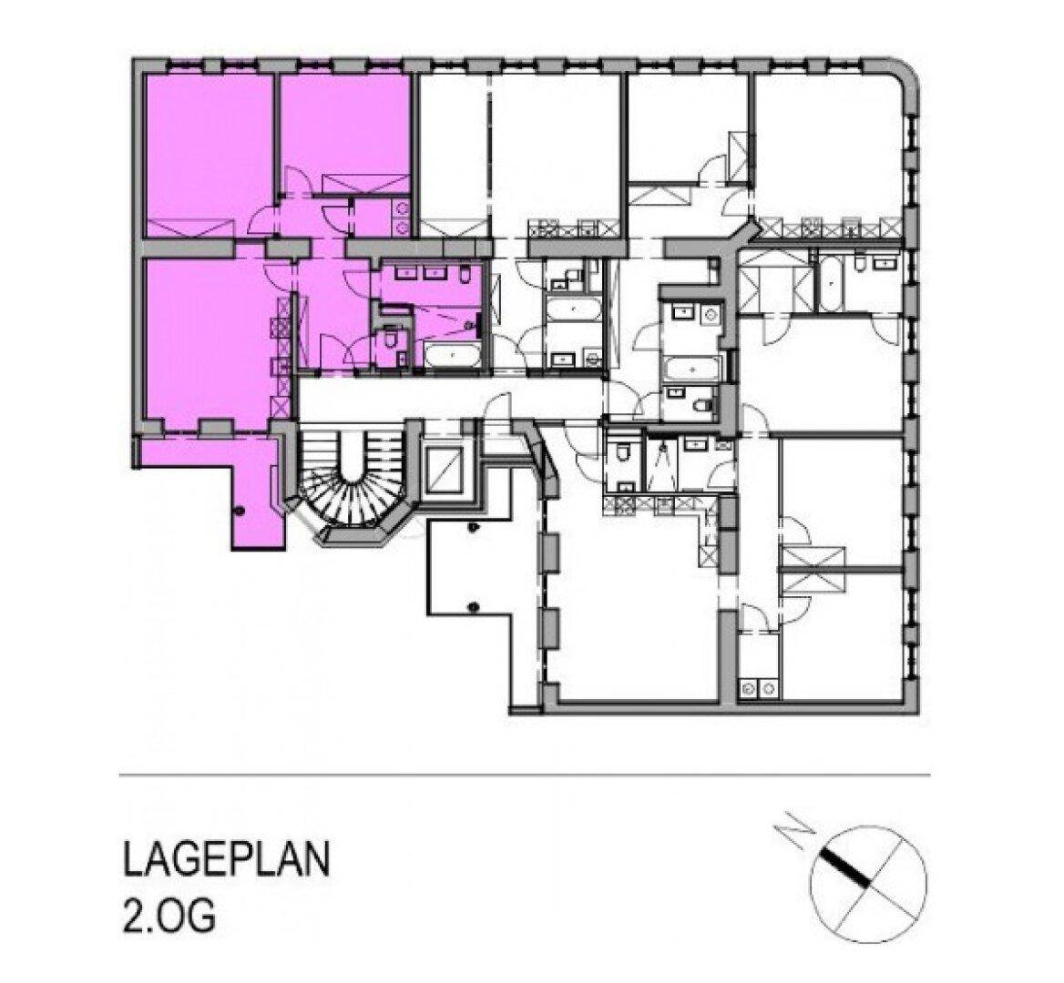 Lageplan des zweiten Obergeschosses, der die Position der Wohnung im Gebäude zeigt.