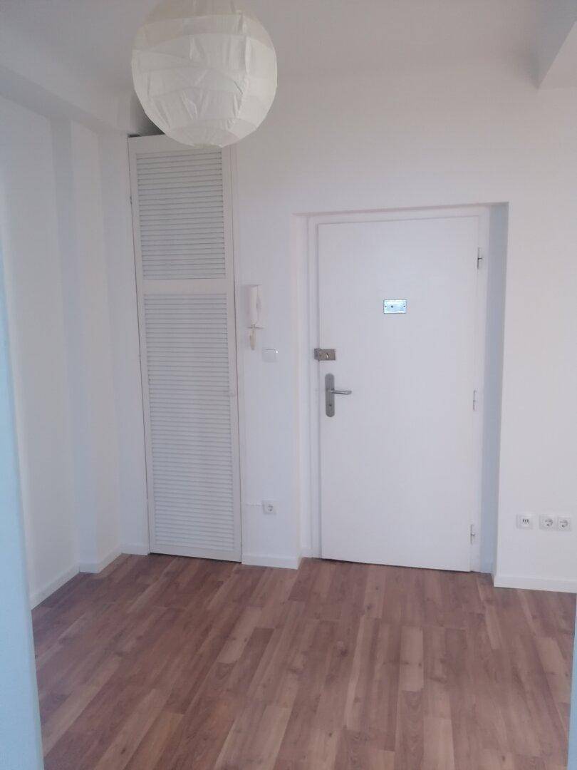 Eingangsbereich mit Laminatboden, weißer Tür und integriertem Wandschrank für Stauraum.