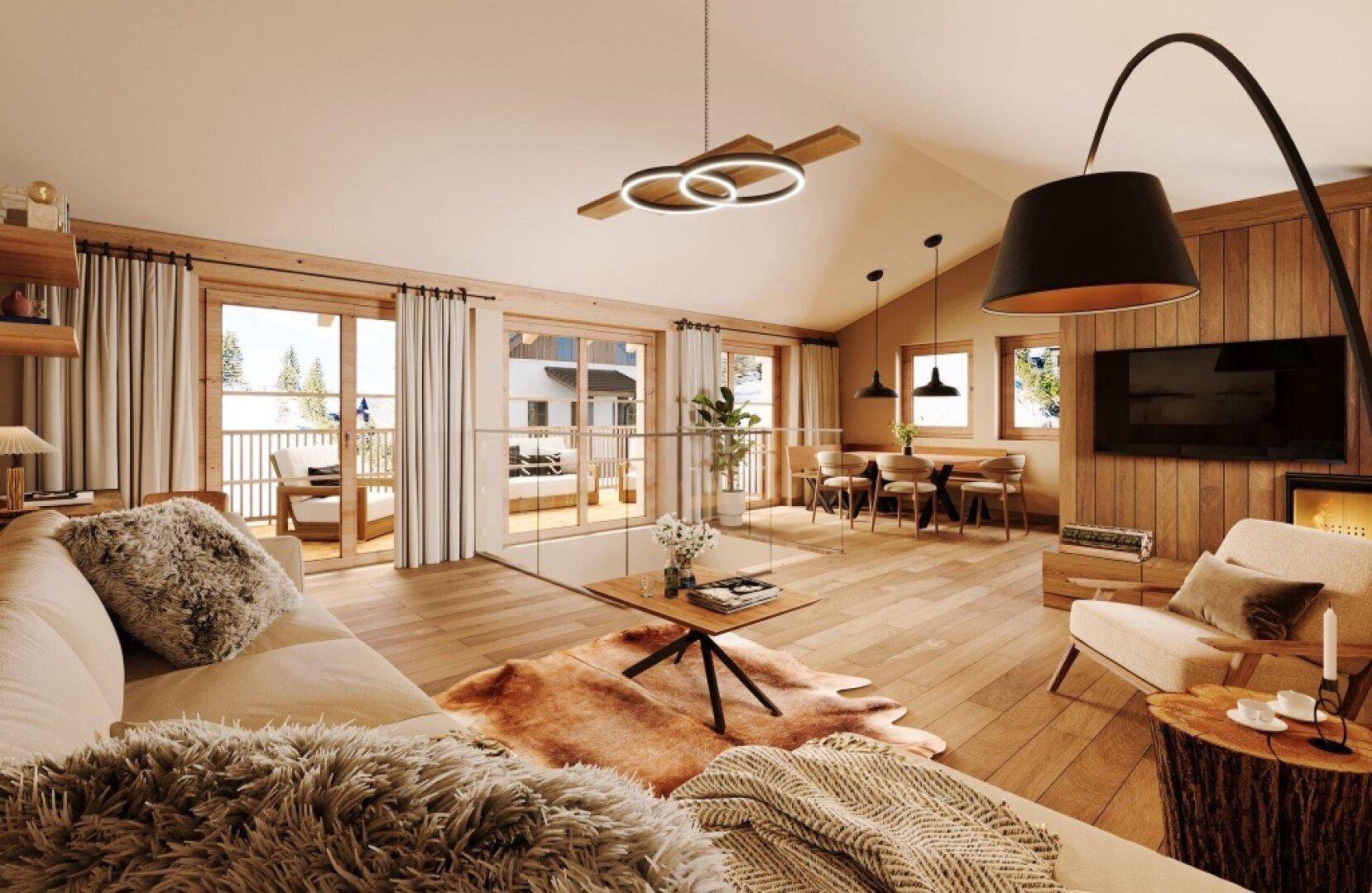 Geräumiges Wohnzimmer mit Holzboden, hohen Decken, großen Fenstern und Zugang zu einem sonnigen Balkon.