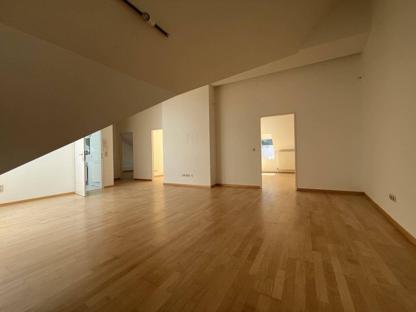 Offener Dachbodenbereich mit Holzboden und Dachfenstern, bietet viel Tageslicht.