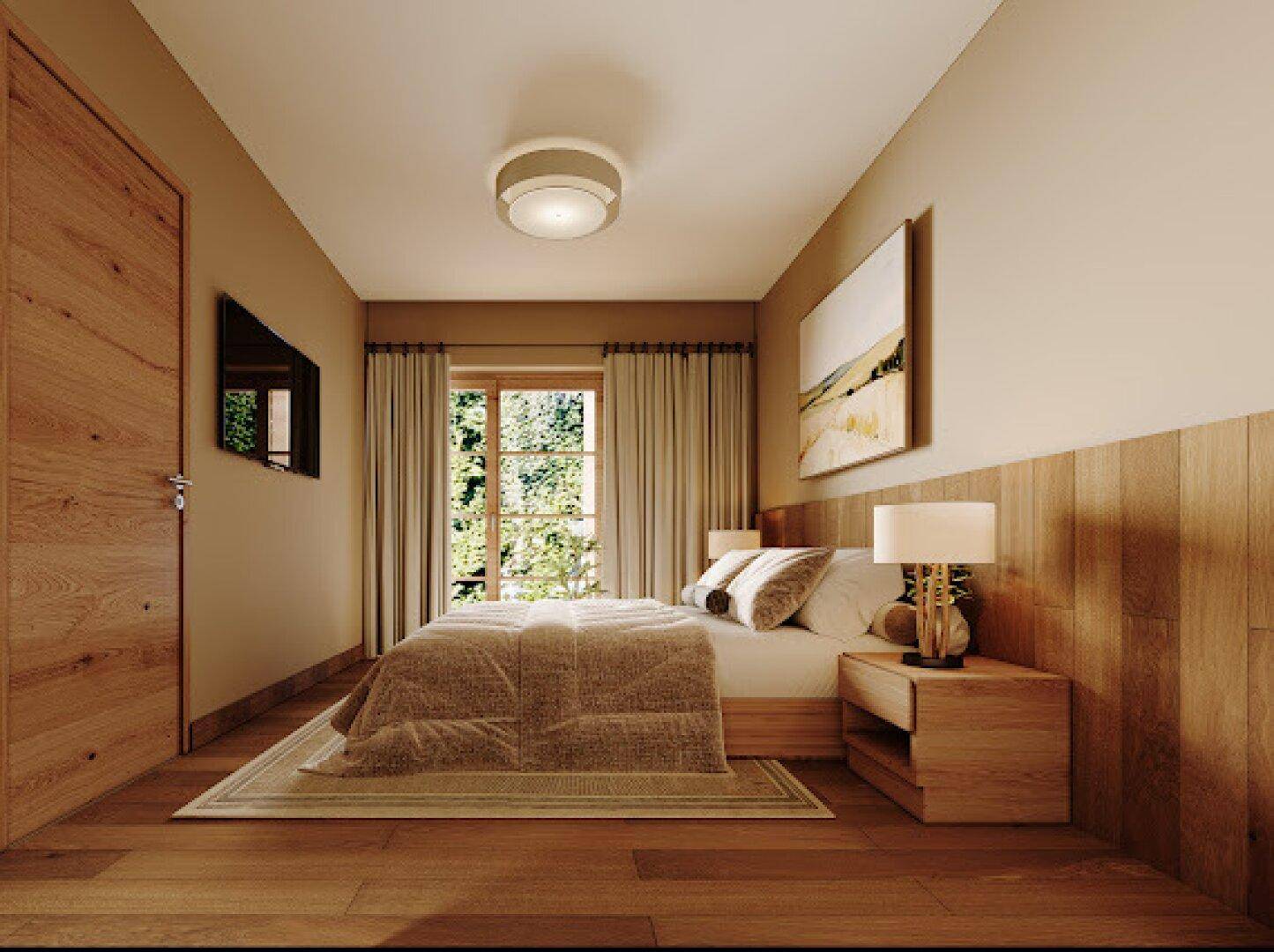 Modernes Schlafzimmer mit Holzboden, Holzwandverkleidung und einem Fenster mit Blick ins Grüne.