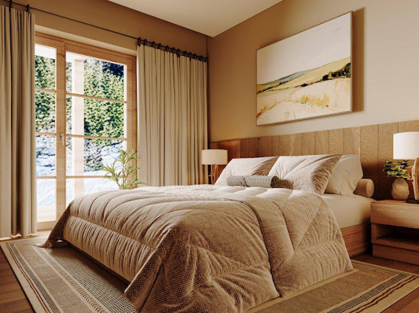 Gemütliches Schlafzimmer mit großem Bett, Holzkopfteil und Zugang zu einem Balkon oder einer Terrasse.