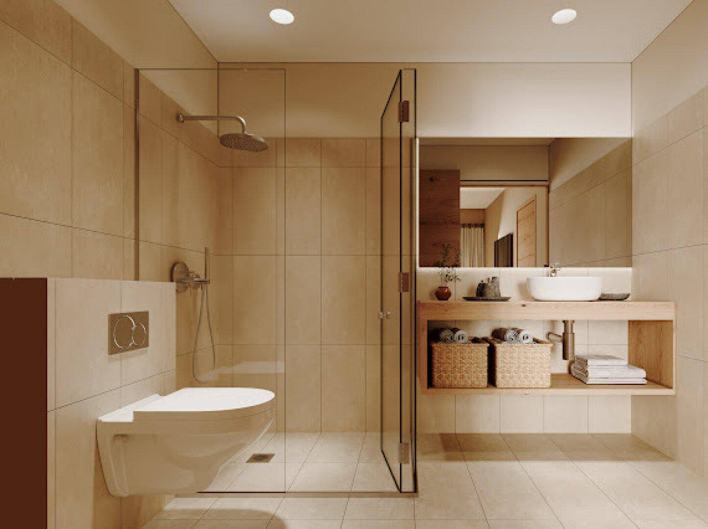 Modernes Badezimmer mit begehbarer Dusche, wandhängendem WC und einem Holzwaschtisch mit Aufsatzbecken.
