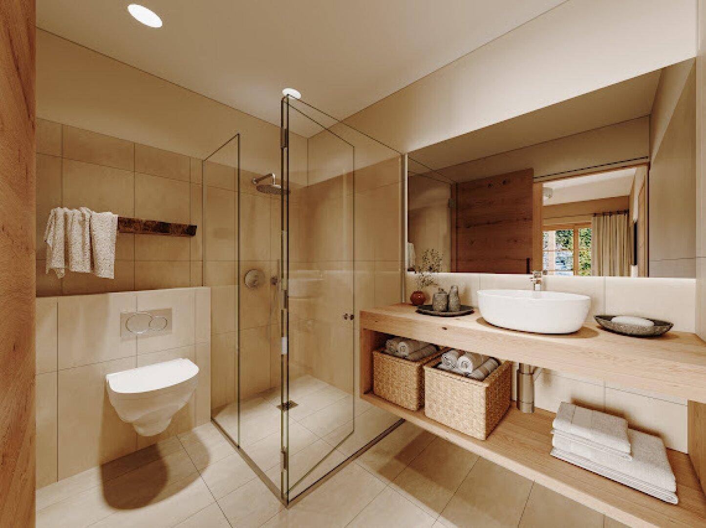 Modernes Badezimmer mit begehbarer Dusche, wandhängendem WC und einem Holzwaschtisch mit Aufsatzbecken.