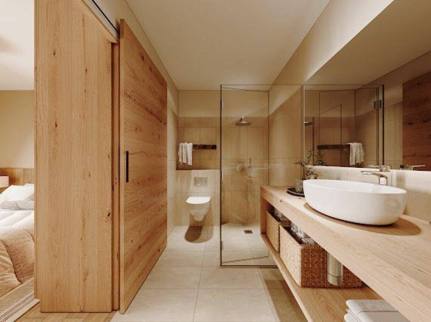 Modernes Badezimmer mit Schiebetür, begehbarer Dusche und einem Holzwaschtisch mit Aufsatzbecken.