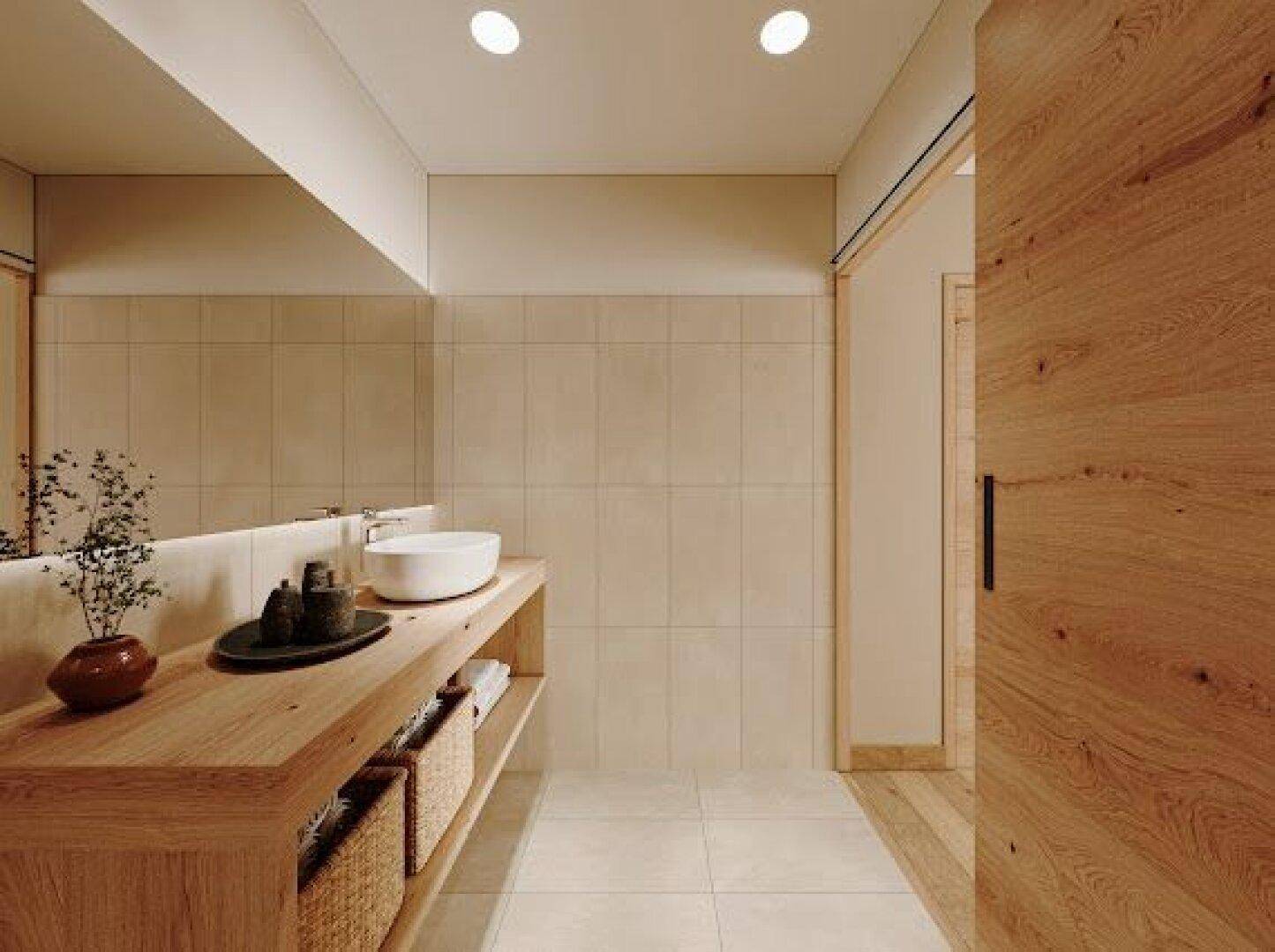 Modernes Badezimmer mit Holzwaschtisch, großem Spiegel und einer Schiebetür aus hellem Holz.