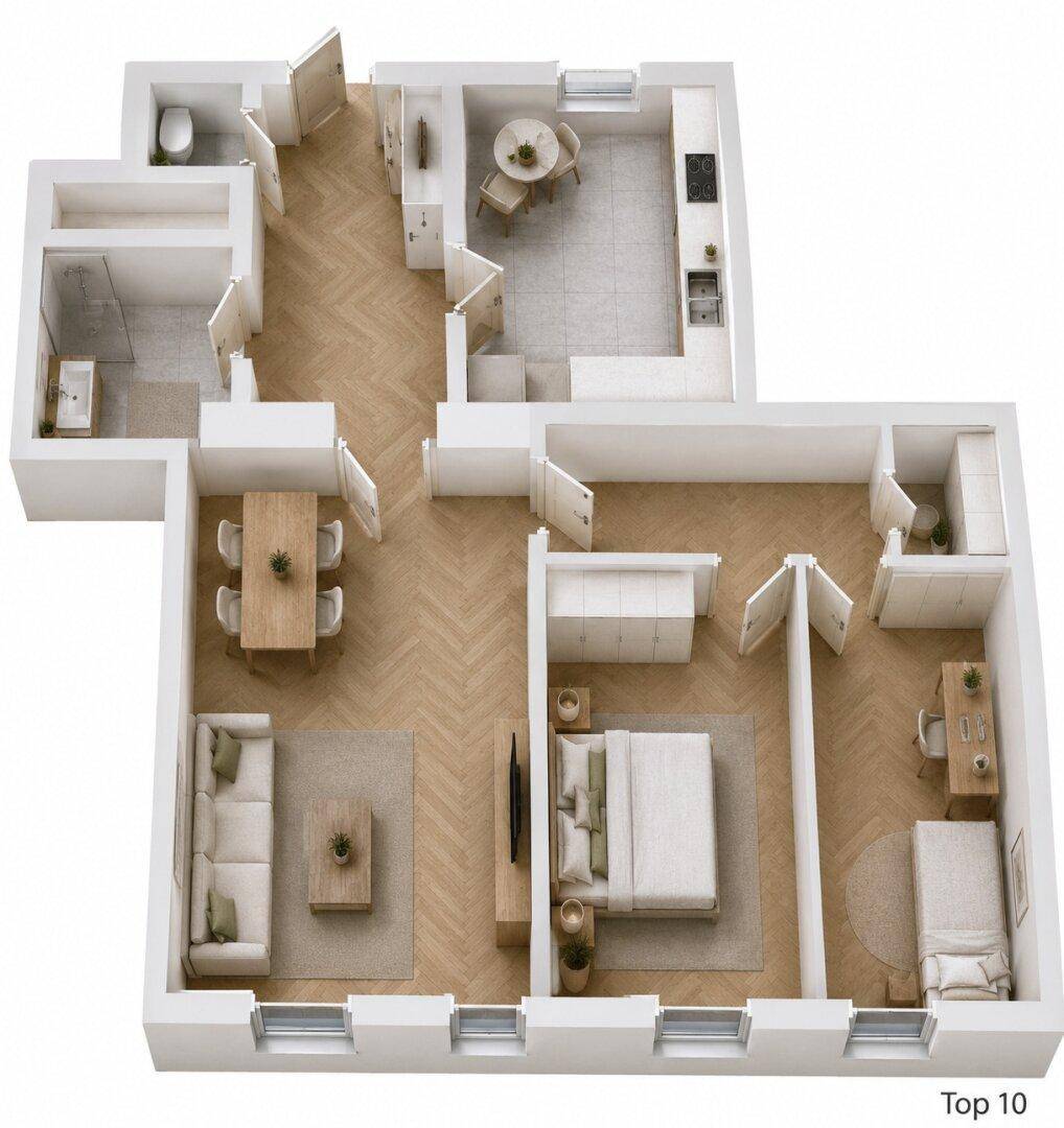 Moderner 3D-Grundriss einer Wohnung mit offenem Wohnbereich, zwei Schlafzimmern und separater Küche.