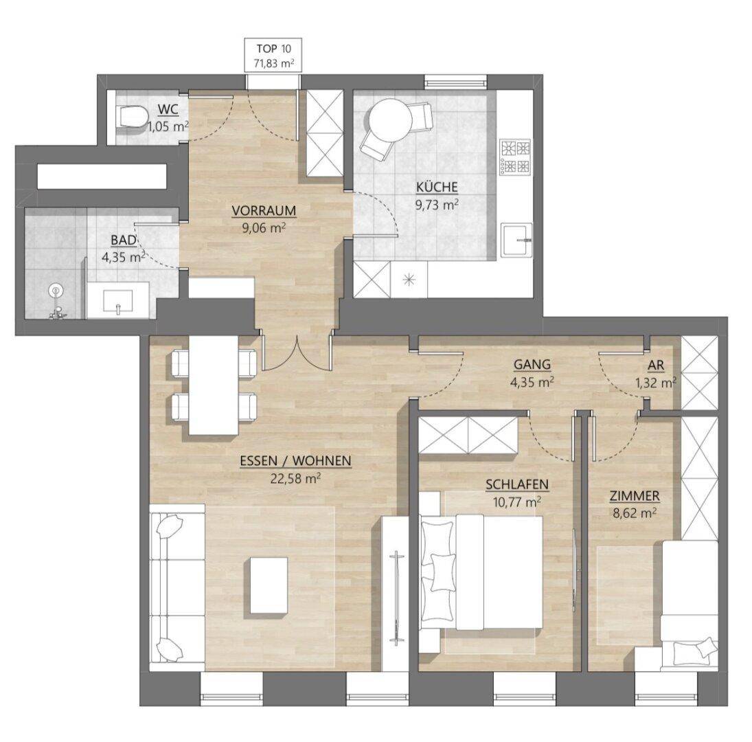 Klassischer 2D-Grundriss einer 71,83 m² großen Wohnung mit separater Küche und zwei Schlafzimmern.