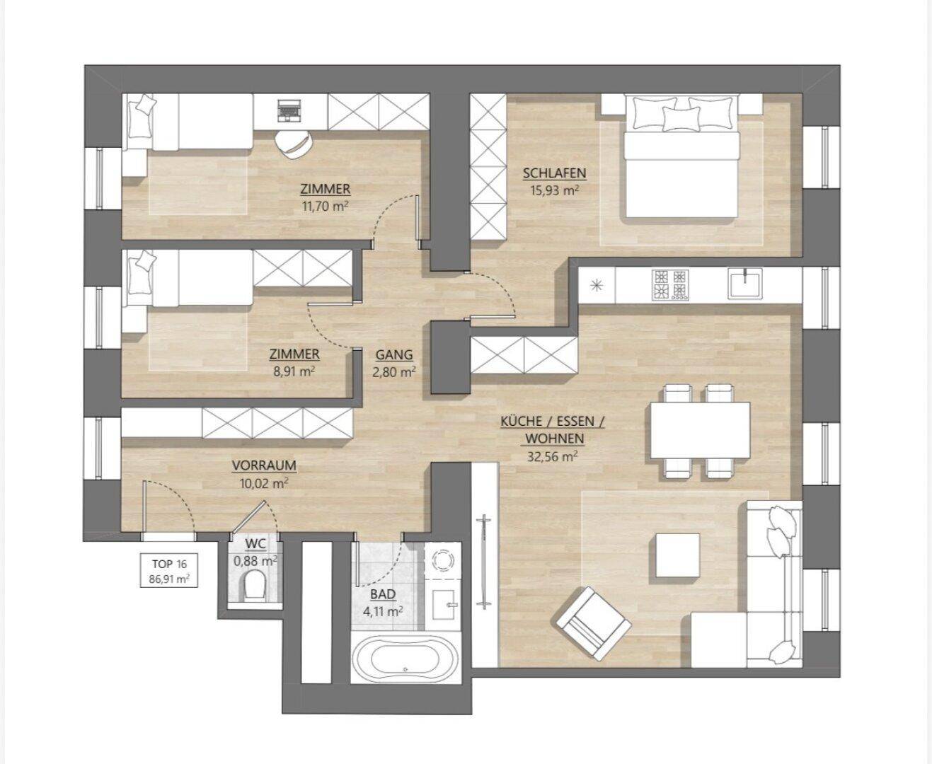 Grundriss einer 86,91 m² großen Wohnung mit zwei Zimmern, Schlafzimmer, Küche und Bad.