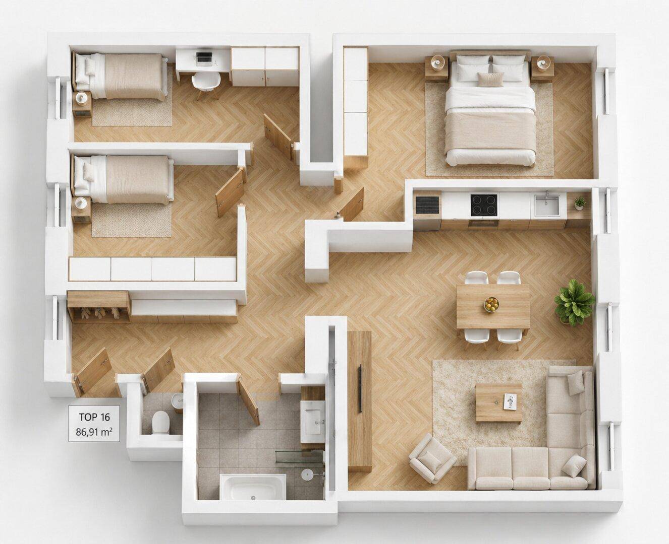 3D-Grundriss einer Wohnung mit zwei Schlafzimmern, offenem Wohnbereich und moderner Einrichtung.