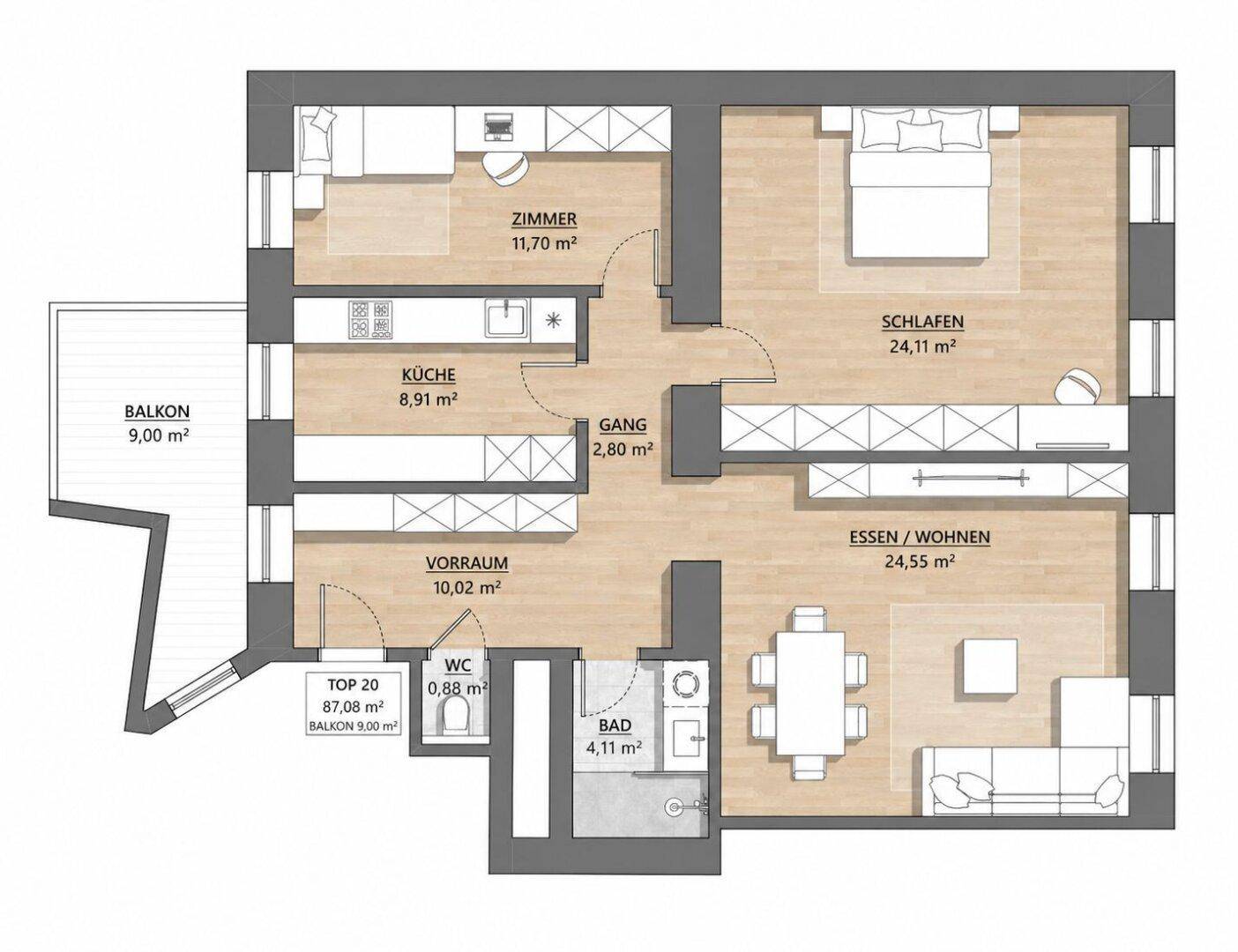 Detaillierter Grundriss einer Wohnung mit Balkon, Schlafzimmer und offenem Wohnbereich.