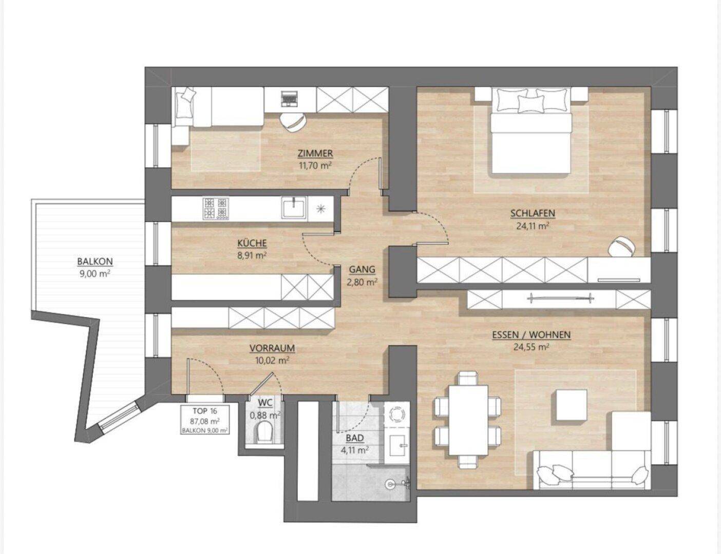 Detaillierter Grundriss einer Wohnung mit Wohn-Essbereich, Küche, zwei Zimmern und Balkon.