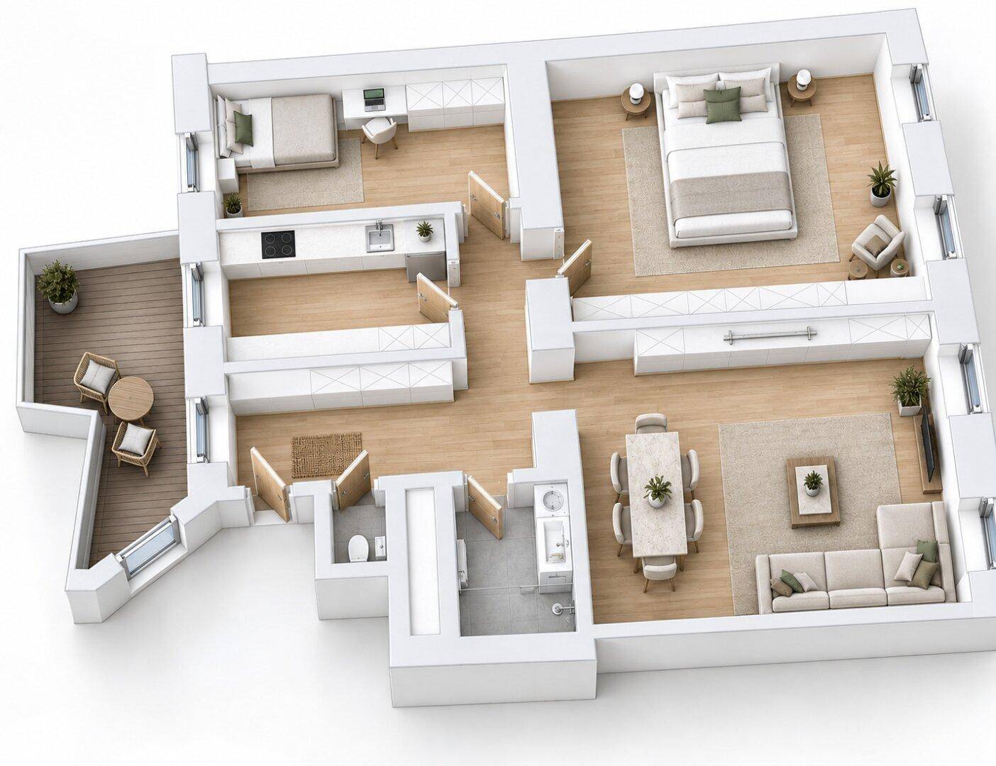 3D-Grundriss einer Wohnung mit zwei Schlafzimmern, offener Küche und Balkon.
