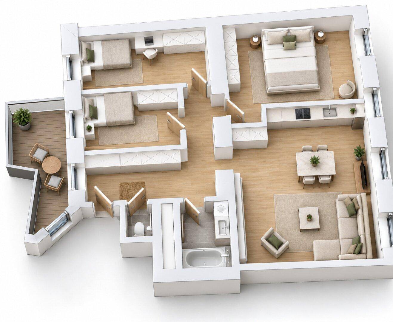 Detaillierter 3D-Grundriss einer Wohnung mit zwei Schlafzimmern, Badewanne und Balkon.