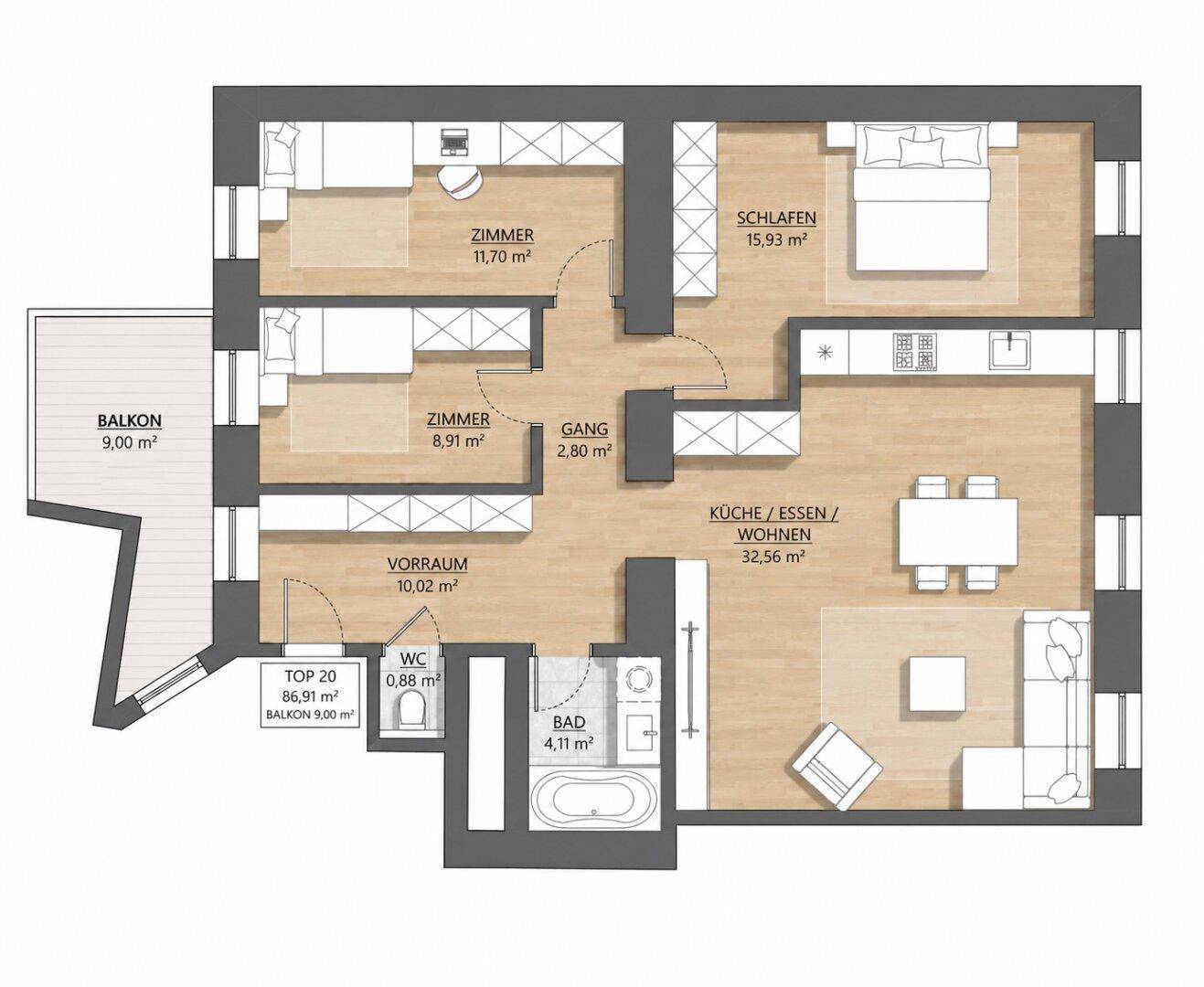 Grundriss einer Wohnung mit zwei Schlafzimmern, Badewanne, Balkon und offener Küche.