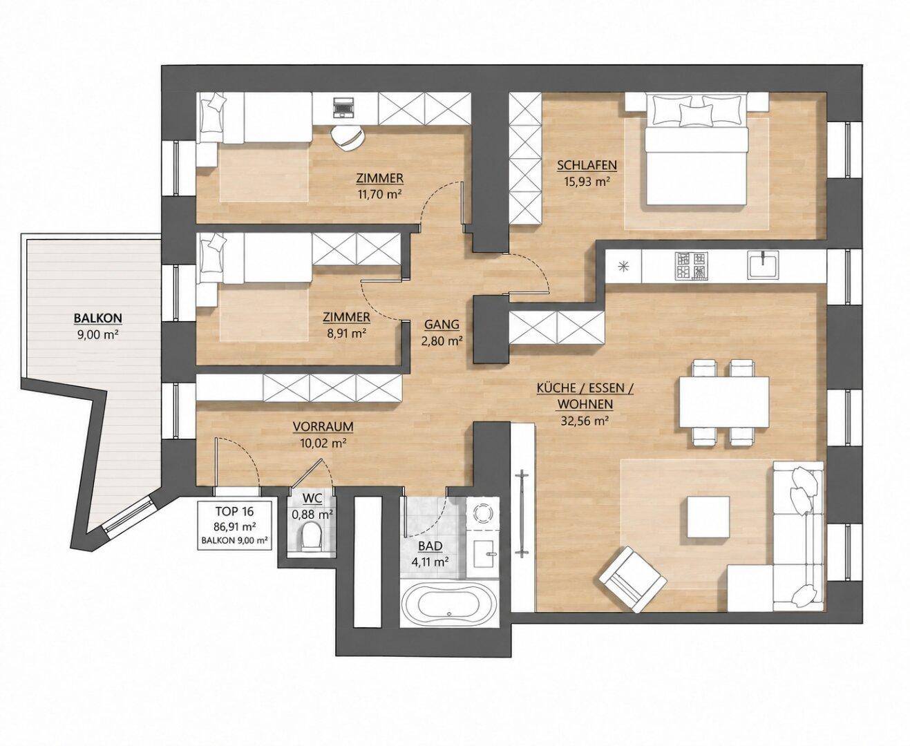 Detaillierter Grundriss einer Wohnung mit Wohn-Essbereich, Küche, zwei Zimmern und Balkon.