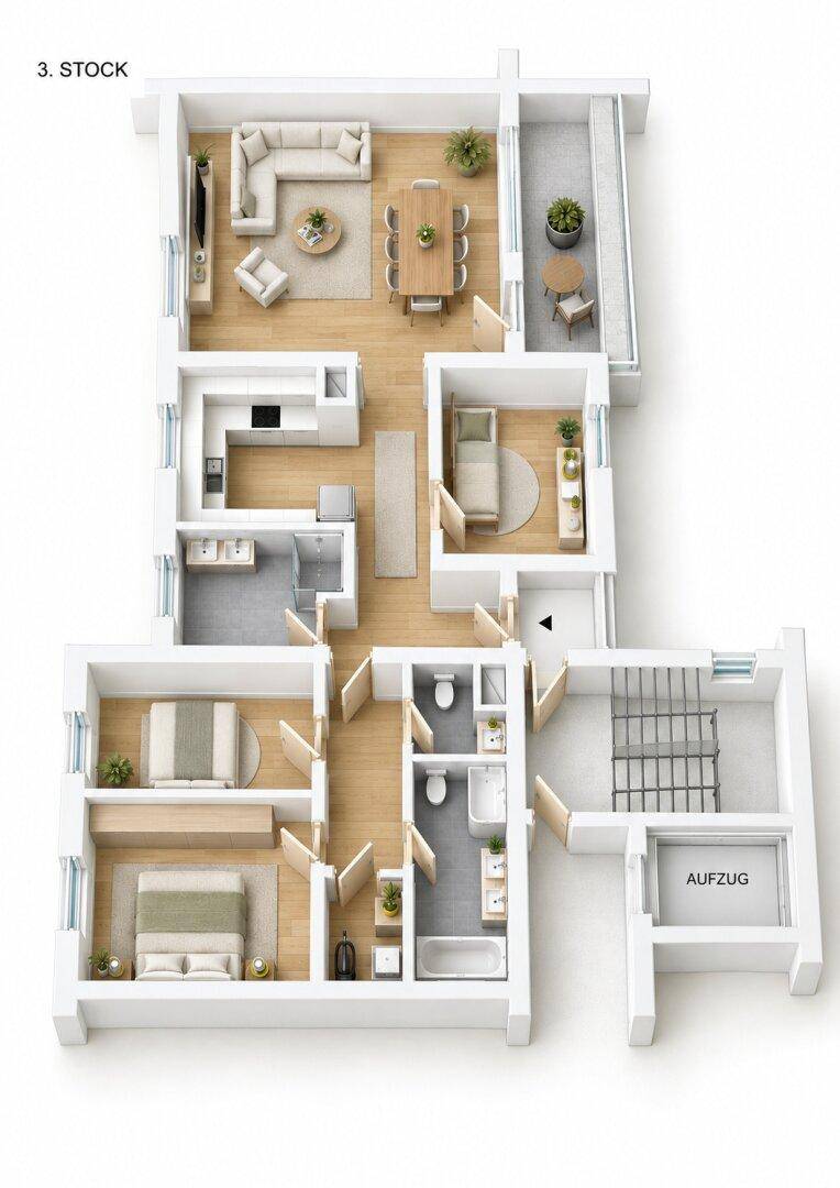 Möblierter Grundriss des 3. Stocks mit Wohnbereich, Küche, Schlafzimmern und Loggia.