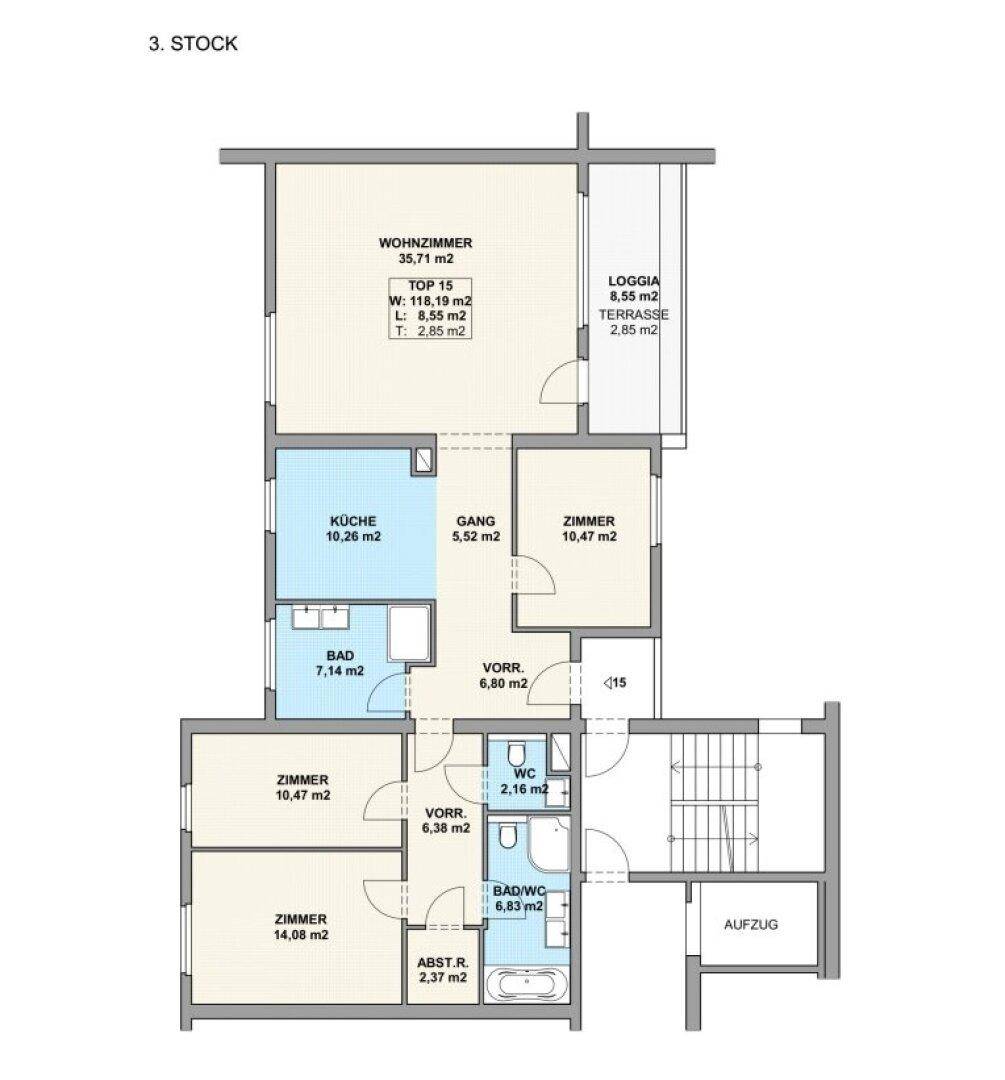 Grundriss des 3. Stocks mit Wohnzimmer, Küche, Bädern und Loggia.