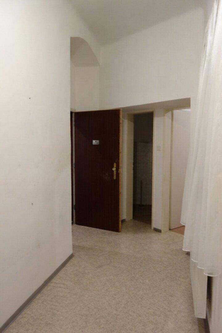 Heller Flur mit dunkler Eingangstür und Zugang zu verschiedenen Wohnbereichen, funktional gestaltet.