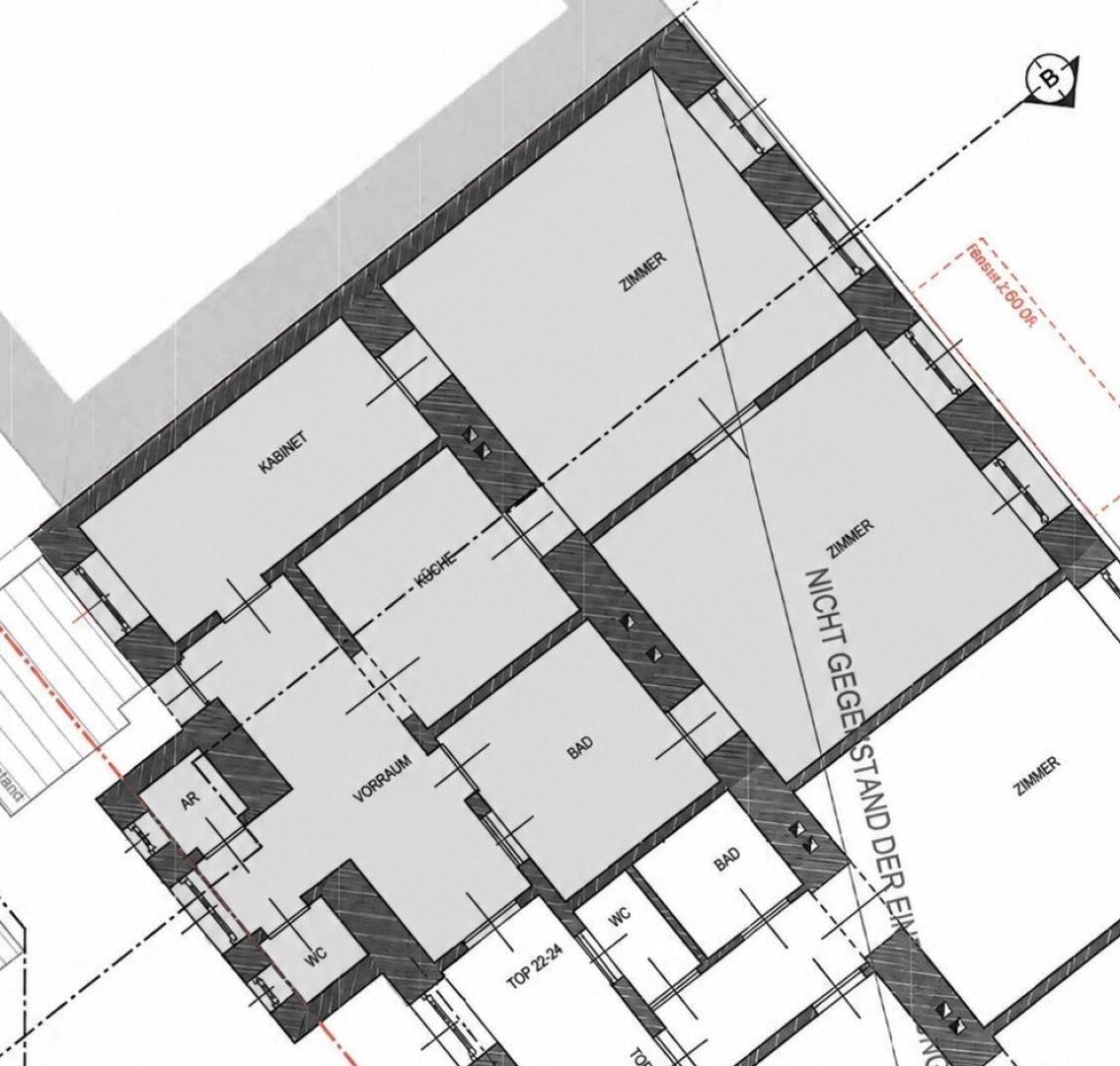Detaillierter Grundriss einer Wohnung mit mehreren Zimmern, Küche und Bädern.