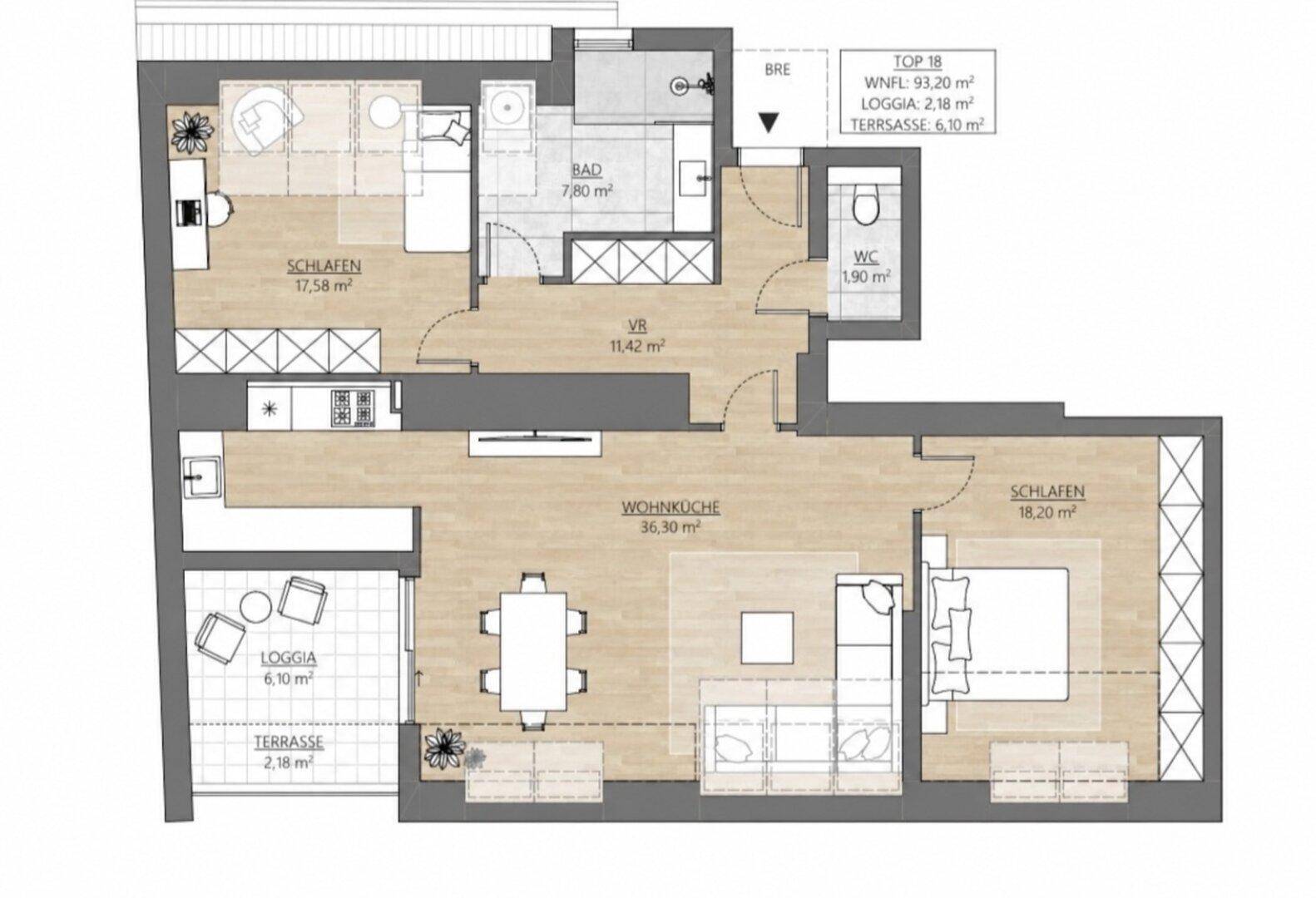 Detaillierter Grundriss einer Wohnung mit Wohnküche, zwei Schlafzimmern, Loggia und Terrasse.