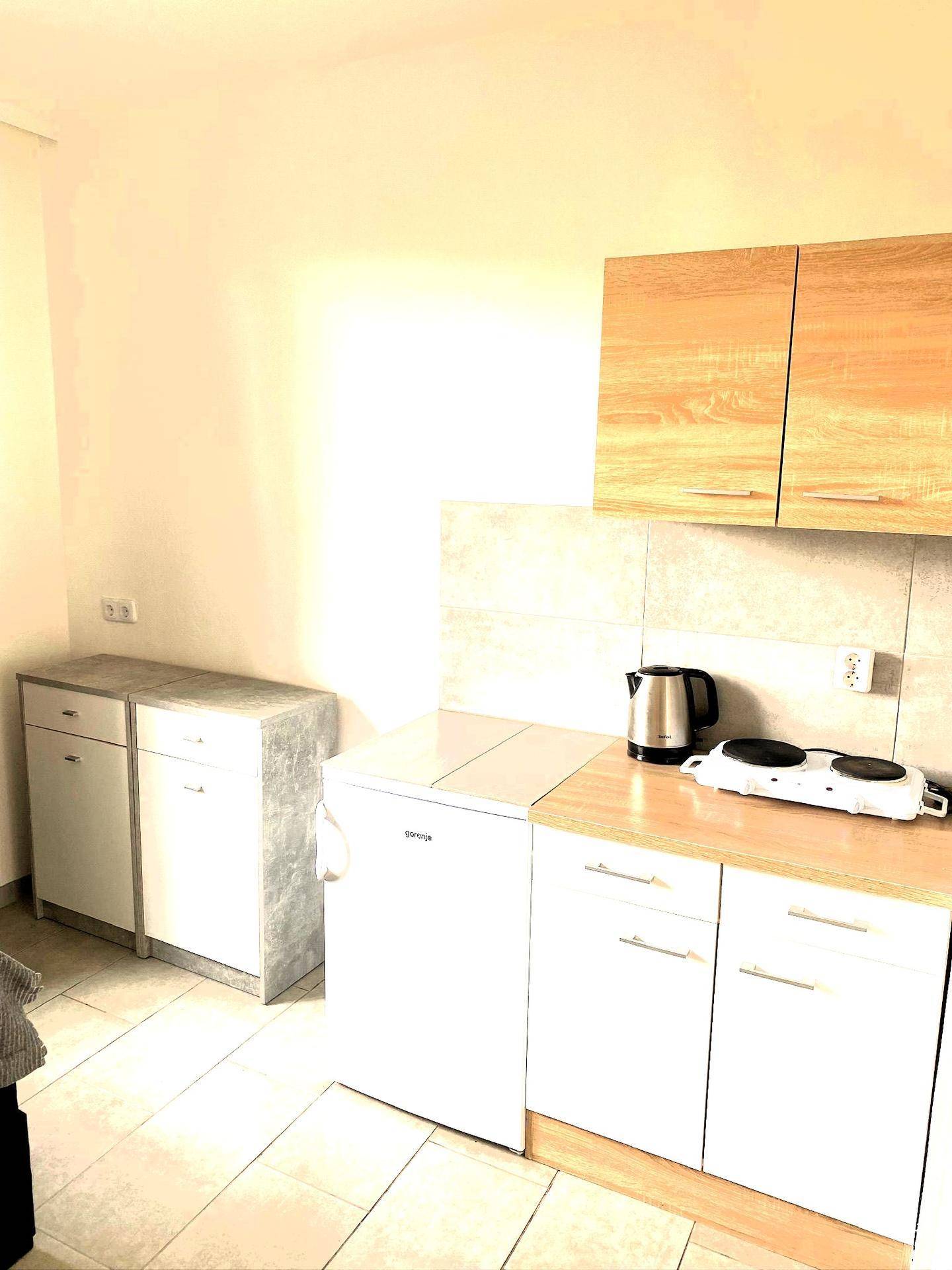 Kleine Küchenzeile mit Holzschränken, Kühlschrank und Kochplatte.