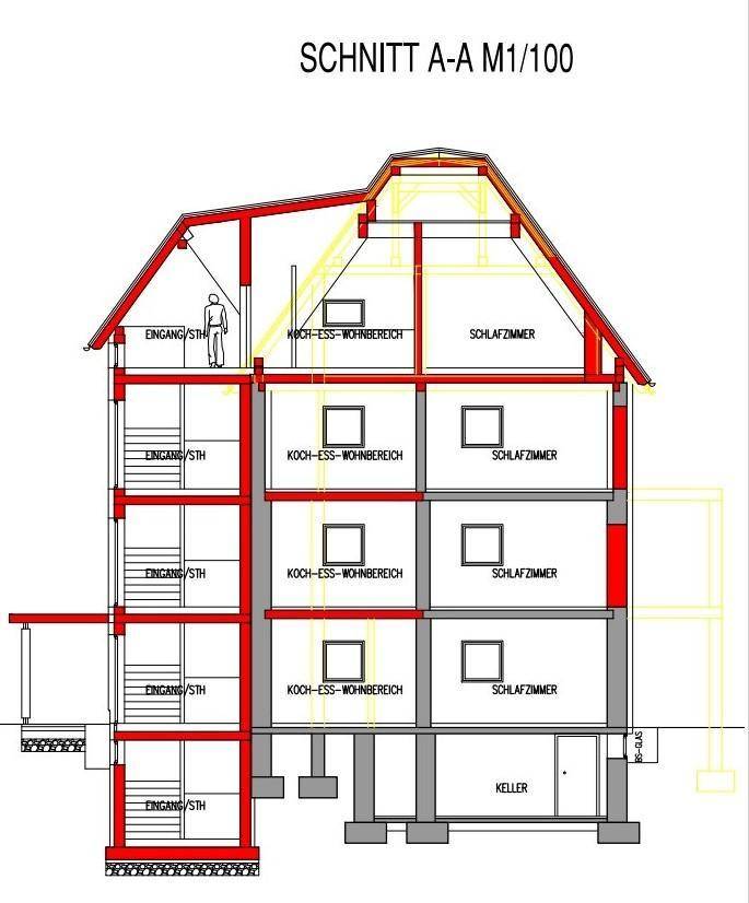 Architektonischer Schnittplan des Gebäudes, der die vertikale Struktur und Raumaufteilung über mehrere Etagen zeigt.