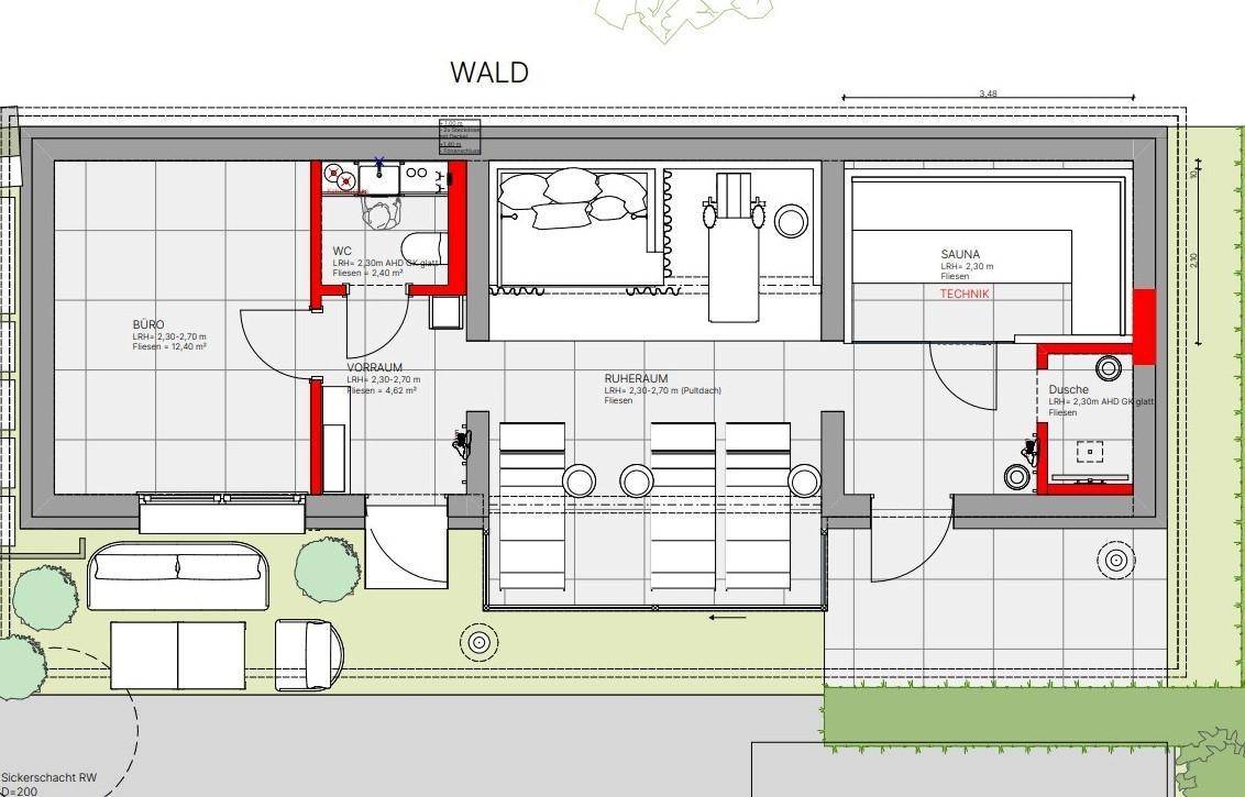 Grundriss eines Wellnessbereichs mit Büro, Ruheraum, WC, Dusche und Sauna, umgeben von Grünflächen.
