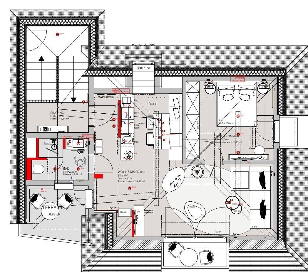 Grundriss einer Dachgeschosswohnung mit offenem Wohnbereich, zwei Schlafzimmern, Bad und Terrasse.