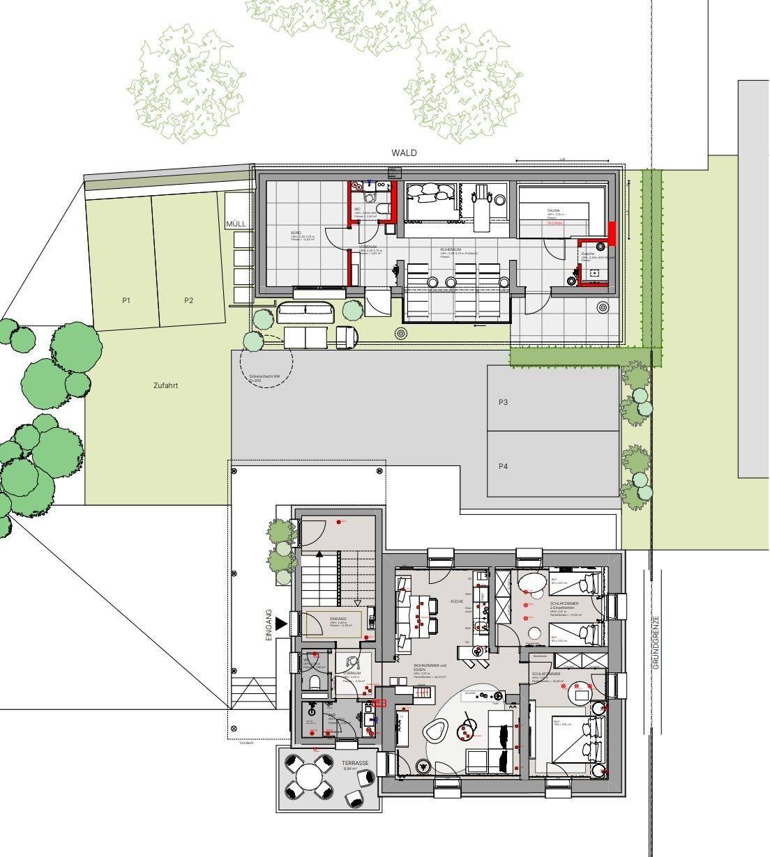 Lageplan des Anwesens mit mehreren Gebäuden, Parkplätzen, Zufahrt und umgebenden Grünflächen.