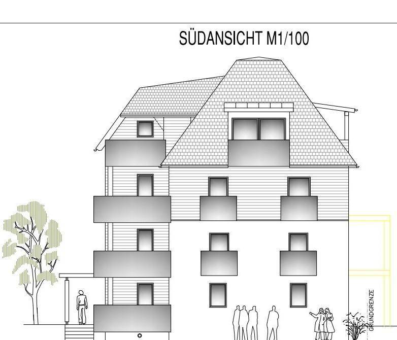 Südansicht des Gebäudes, detailliert die Fassade mit mehreren Balkonen und der Dachform.