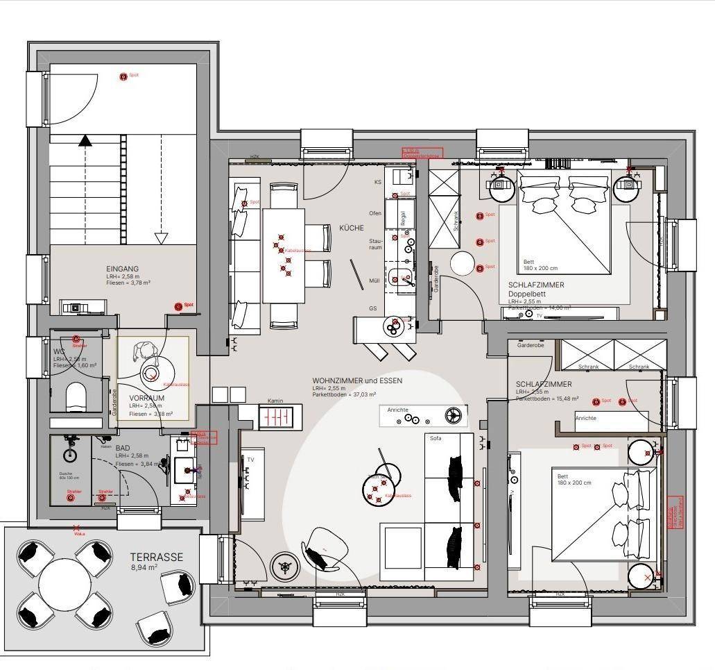 Detaillierter Grundriss einer Erdgeschosswohnung mit drei Schlafzimmern, offenem Wohn-Essbereich und Terrasse.