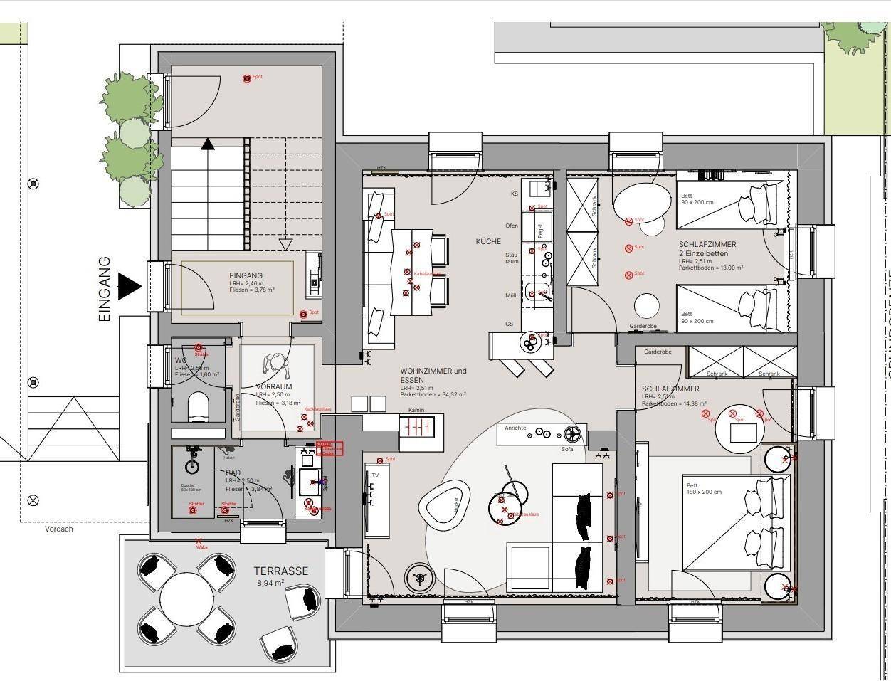 Detaillierter Grundriss einer Erdgeschosswohnung mit offener Küche, Wohnbereich, Schlafzimmern und Terrasse.