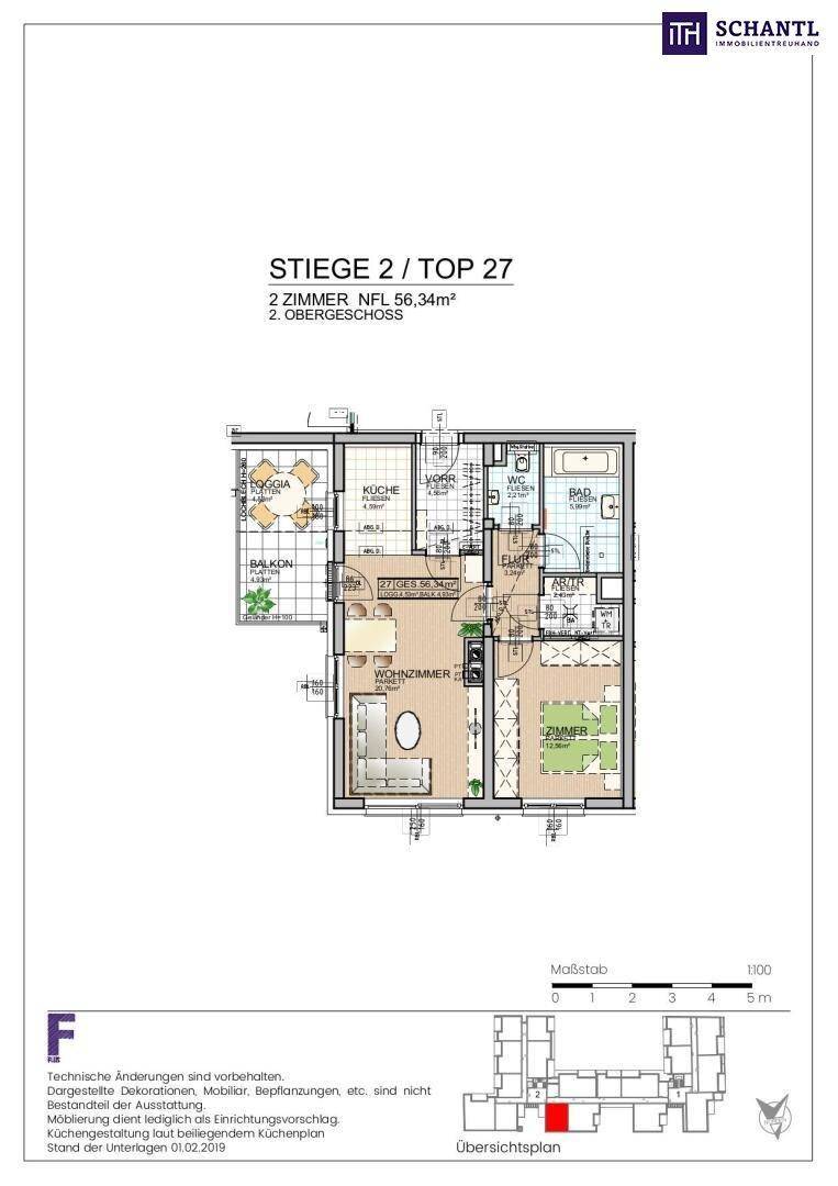 Grundriss einer 2-Zimmer-Wohnung mit 66,34m² Wohnfläche, inklusive Balkon und Bad.