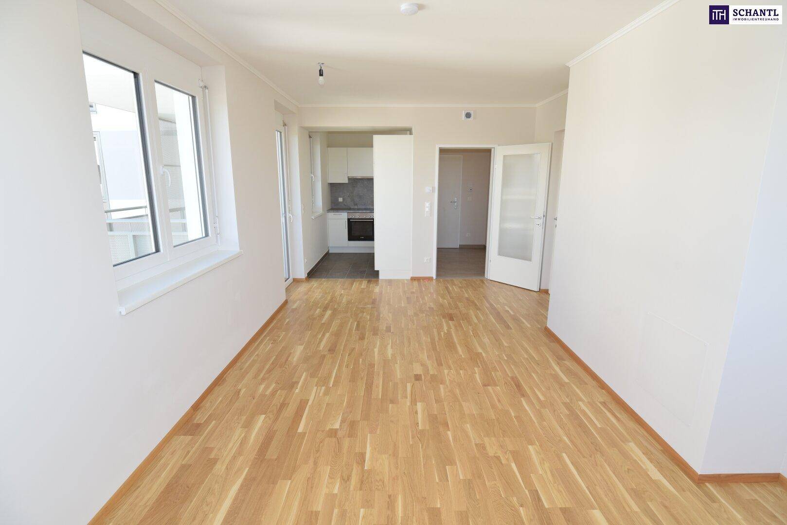 Offener Wohnbereich mit Parkettboden und Blick in die Küche sowie weitere Zimmer.
