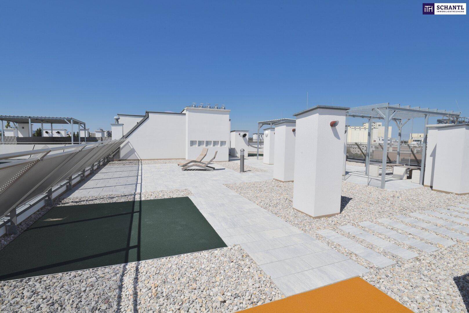 Weitläufige Dachterrasse mit Kiesflächen, Liegestühlen und viel Platz für Erholung im Freien.