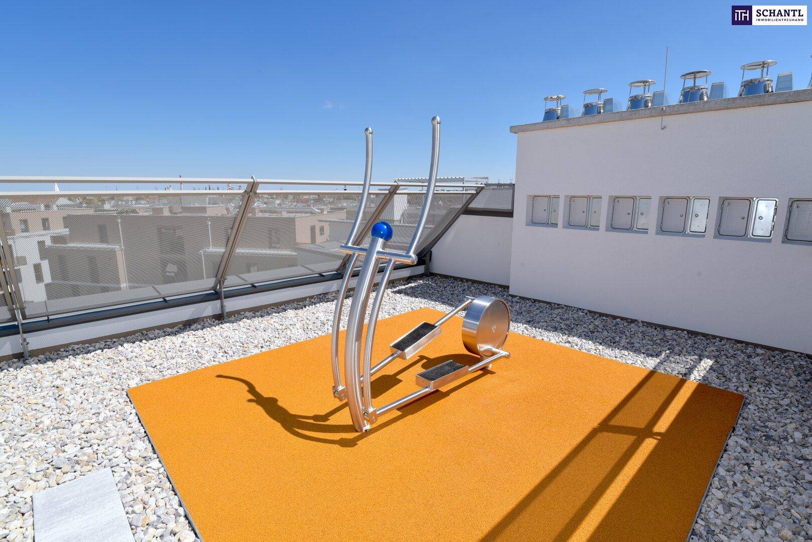 Dachterrasse mit Outdoor-Fitnessgerät auf orangefarbenem Untergrund, ideal für Sport im Freien.