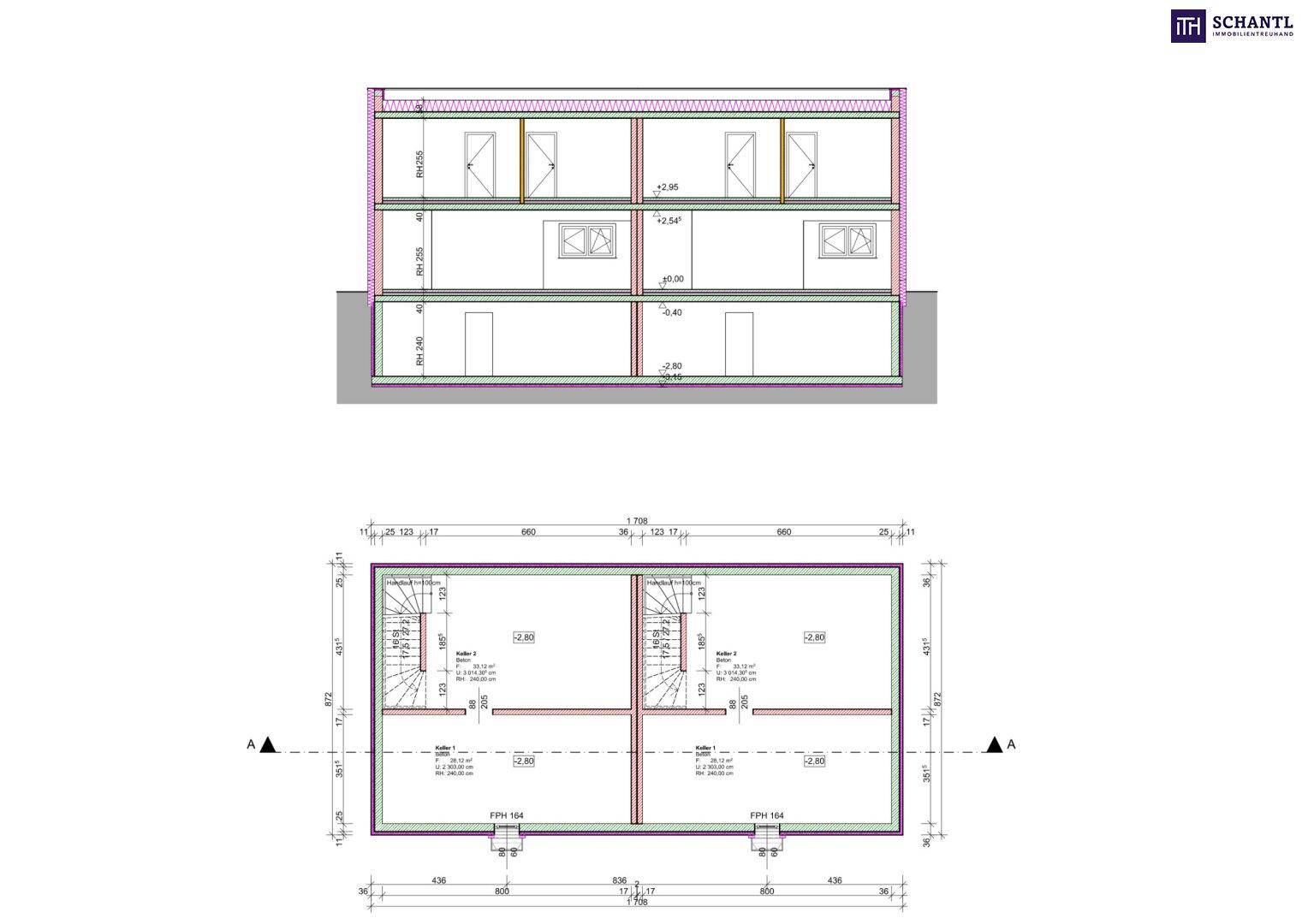 Gebäudeschnitt und Grundrissplan für das Untergeschoss mit Treppen und Raumaufteilung.