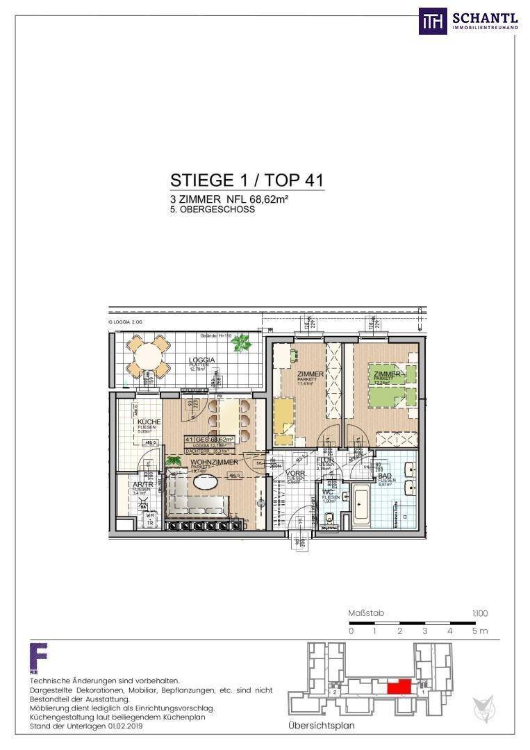 Grundriss der Wohnung STIEGE 1 / TOP 41 im 5. Obergeschoss mit offener Raumaufteilung und Loggia.
