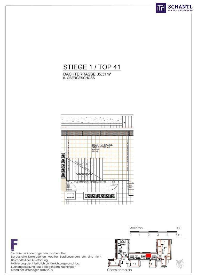 Grundriss der Dachterrasse zur Wohnung STIEGE 1 / TOP 41 im 6. Obergeschoss, großzügig gestaltet.