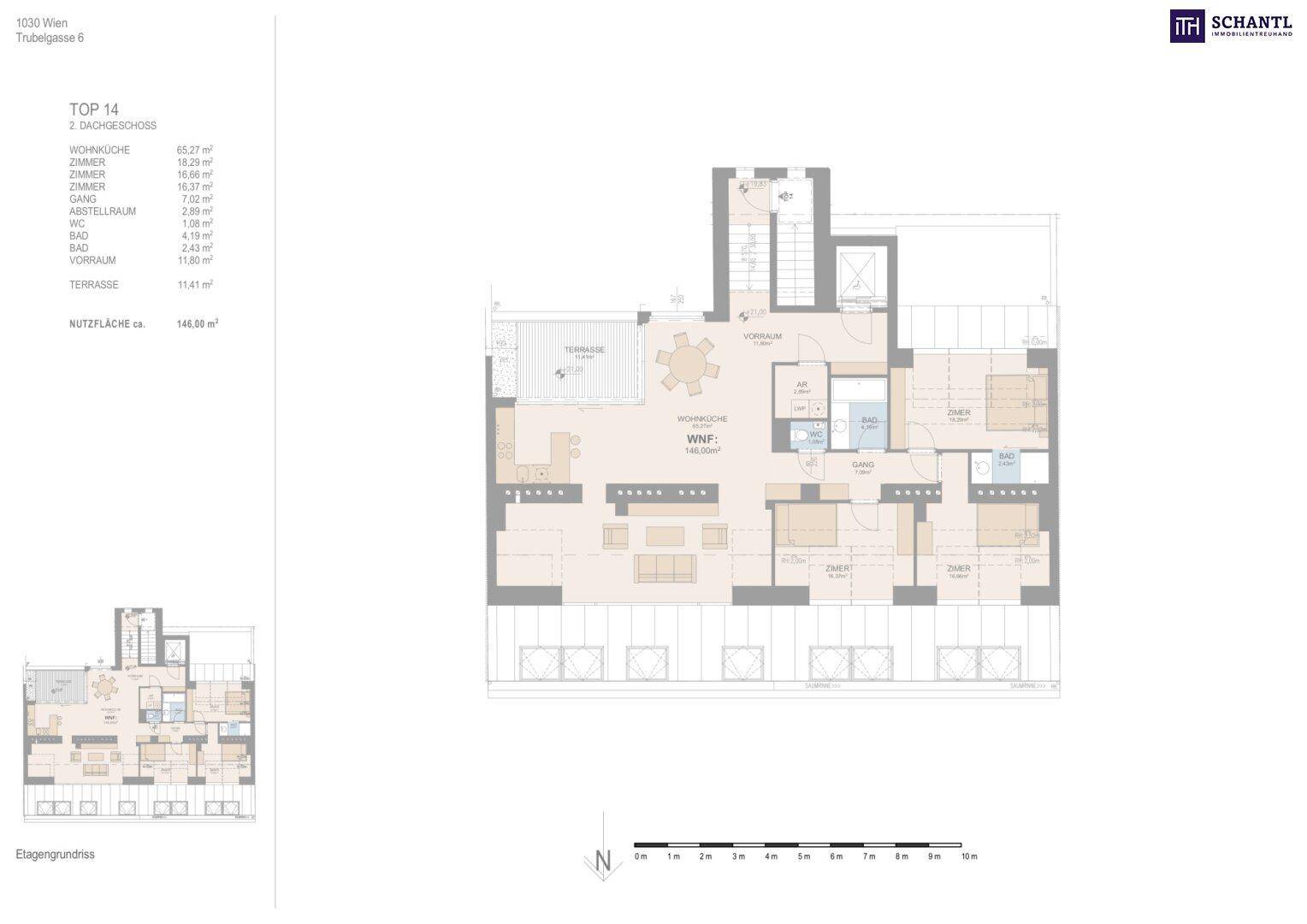 Grundriss einer Maisonette-Wohnung mit offenem Wohnbereich, mehreren Schlafzimmern und einer großzügigen Terrasse.