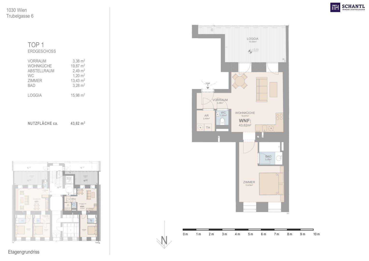 Grundriss der Erdgeschosswohnung Top 1 mit Wohnküche, Schlafzimmer, Bad, WC und Loggia.