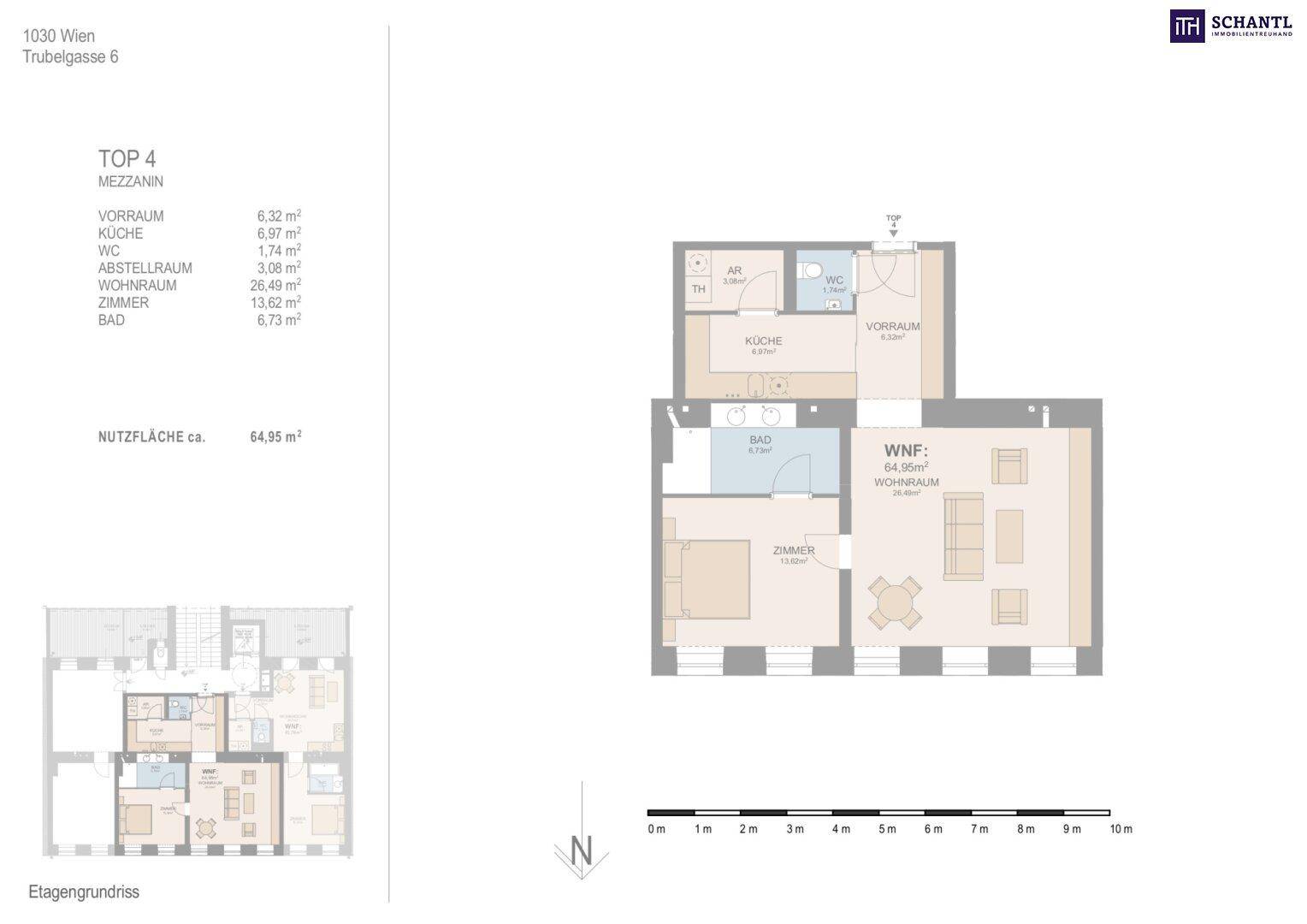 Detaillierter Grundriss der Wohnung TOP 4 im Mezzanin mit 64,95 m² Nutzfläche.