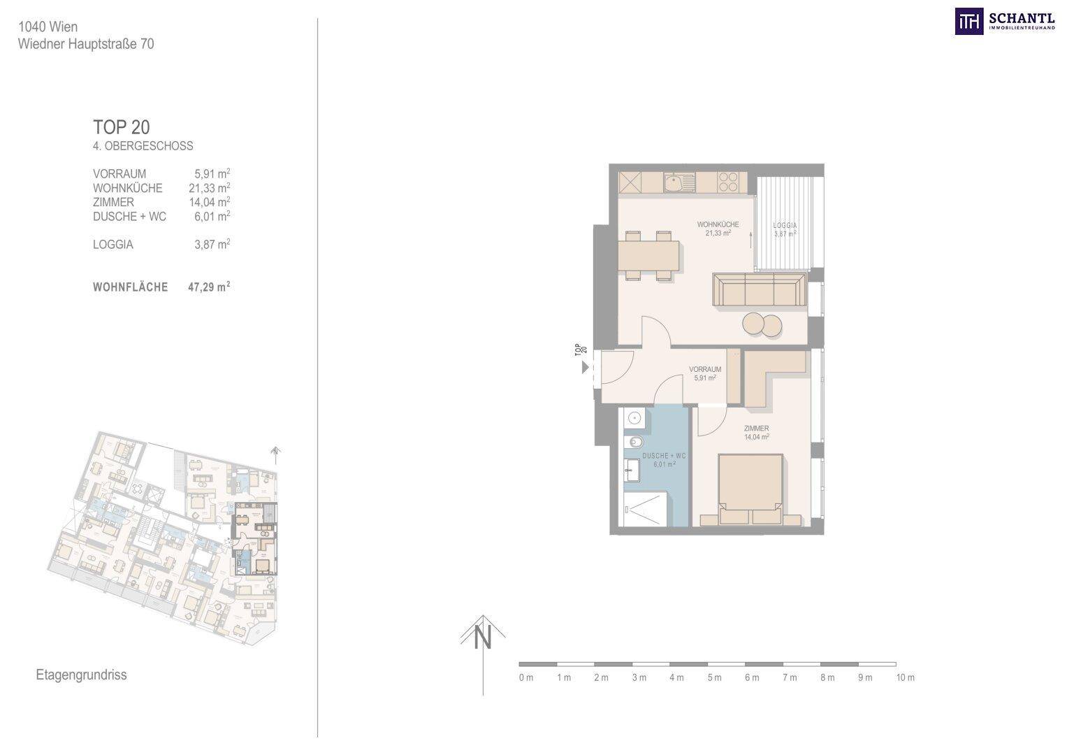 Grundriss der Wohnung TOP 20 im 4. Obergeschoss mit Loggia und einer Wohnfläche von 47,29 m².