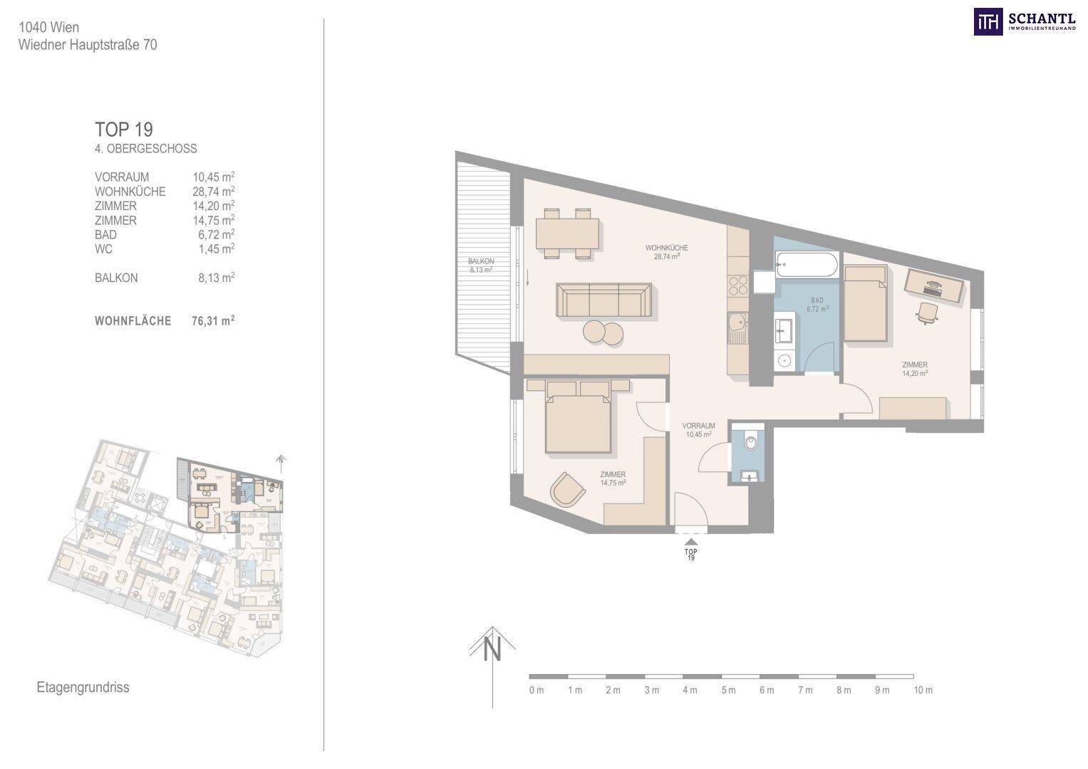 Grundriss der Top 19 im 4. Obergeschoss mit offener Wohnküche, zwei Zimmern und Balkon.