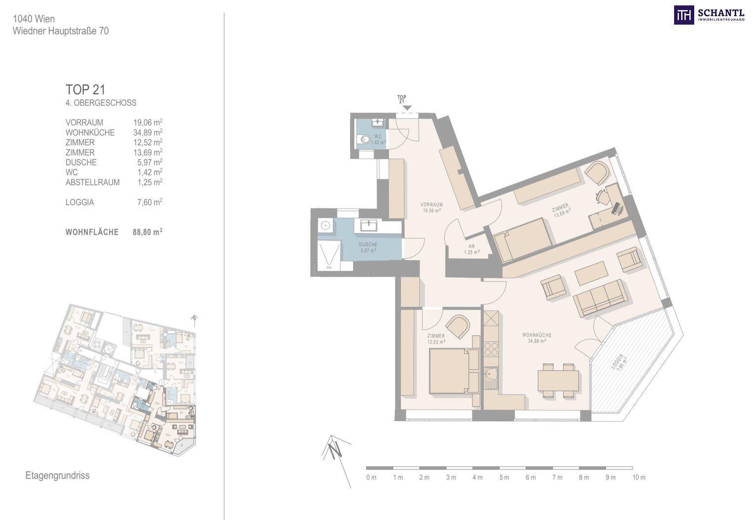 Grundriss der Wohnung TOP 21 im 4. Obergeschoss mit Loggia und offenem Wohnbereich.