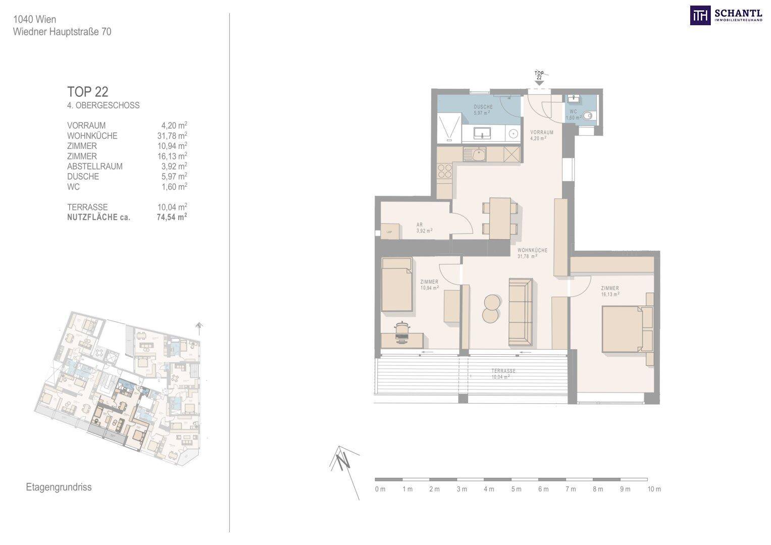 Grundriss der Wohnung TOP 22 im 4. Obergeschoss mit offener Wohnküche, drei Zimmern und Terrasse.